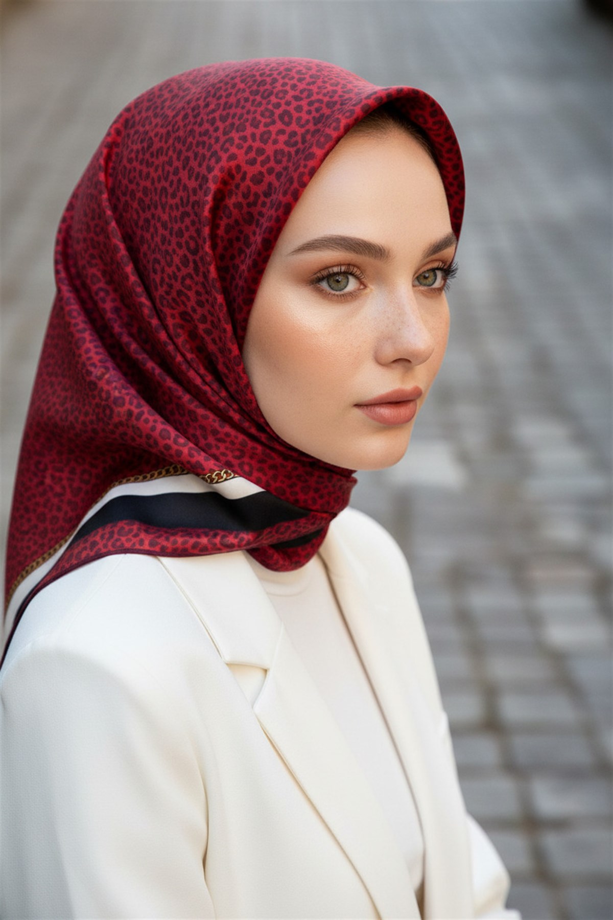 %100 Twill İpek Leopar Desenli Bordo Renkli 90x90 Eşarp Dikim Şekli : El Dikişi
