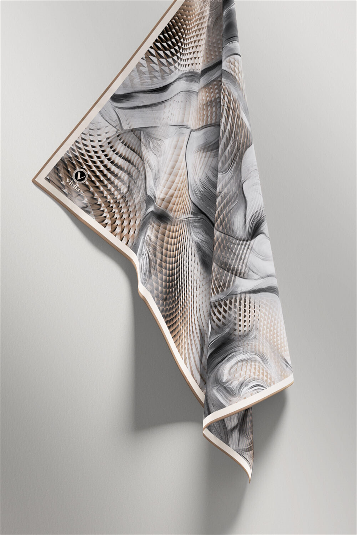 Twill Geometrik Ve Dalga Desenli Bej Renkli 90x90 Eşarp (İpek İçermez) Dikim Şekli : El Dikişi
