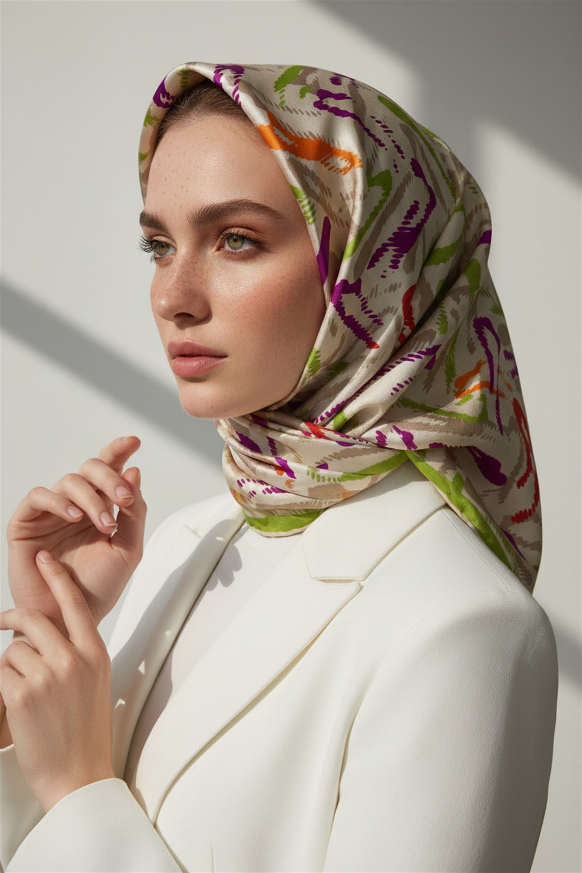 %100 Twill İpek Geometrik Desenli Fıstık Yeşili - Mürdüm Renkli 90x90 Eşarp Dikim Şekli : El Dikişi