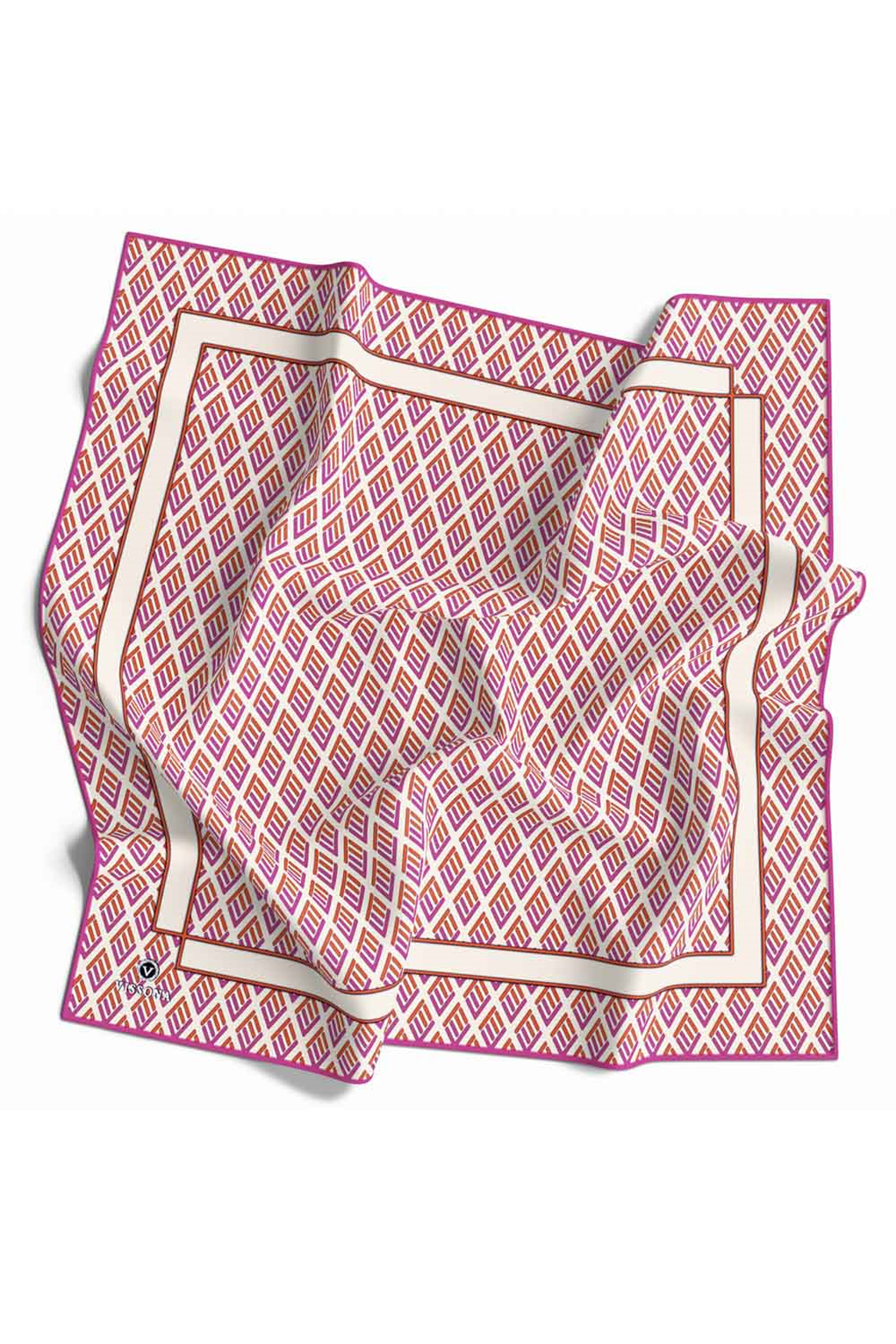 % 57 İPEK % 43 VİSKON Twill İpek Geometrik Desenli Fuşya - Turuncu Renkli 90x90 Eşarp Dikim Şekli : El Dikişi