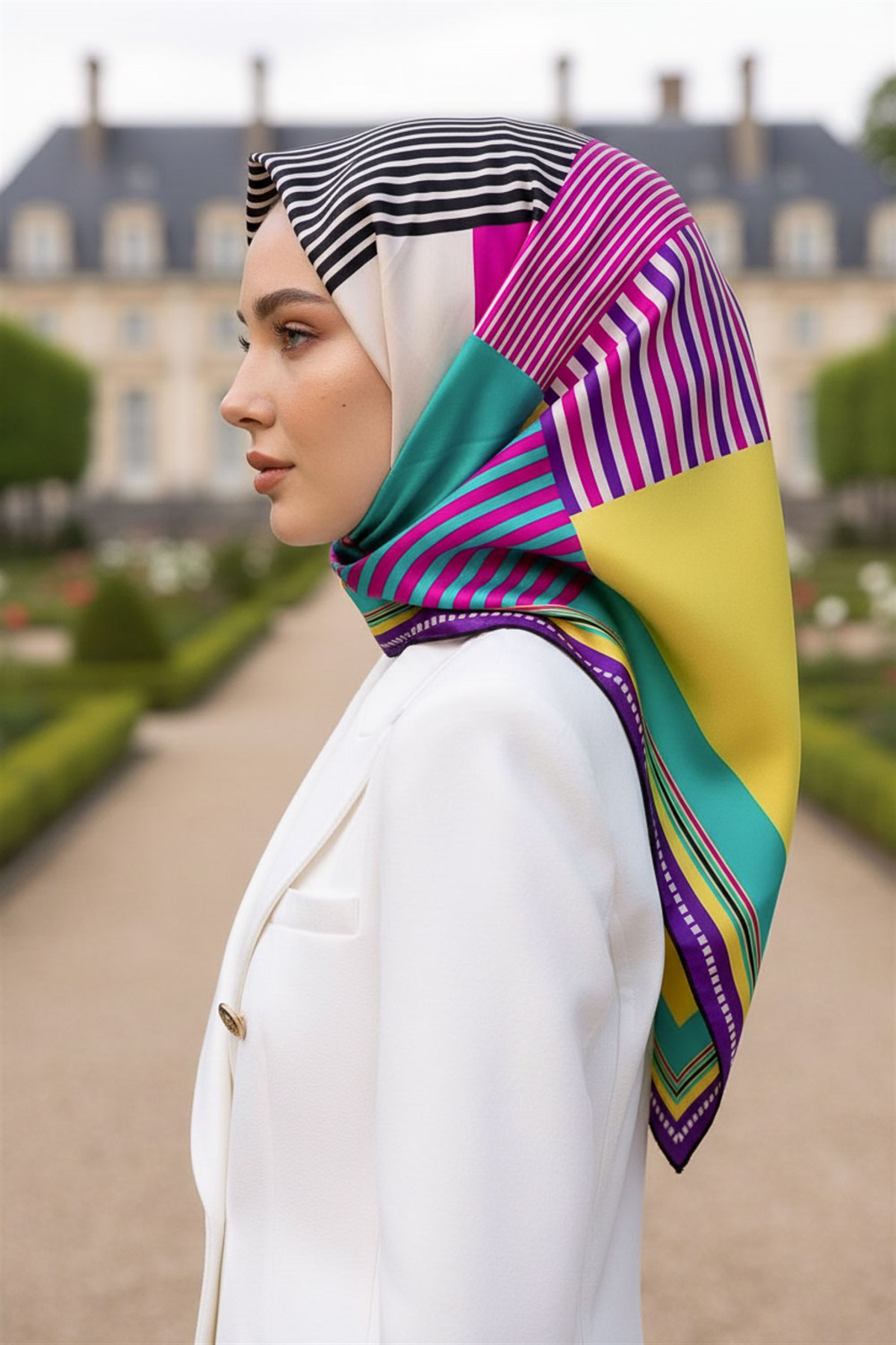 %100 Twill İpek Geometrik Desenli Fuşya - Mor Renkli 90x90 Eşarp Dikim Şekli : El Dikişi