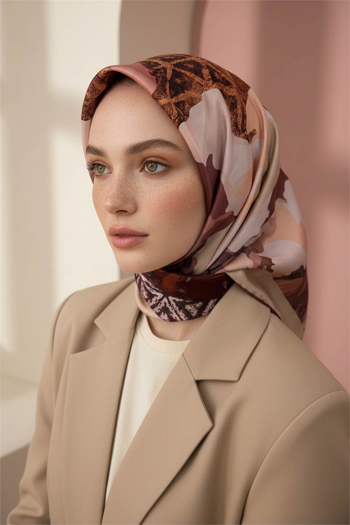 Kristal Batikli Ve Etnik Desenli Bakır Renkli 90x90 Eşarp (İpek İçermez) Kenar Dikiş Şekli El Dikişli