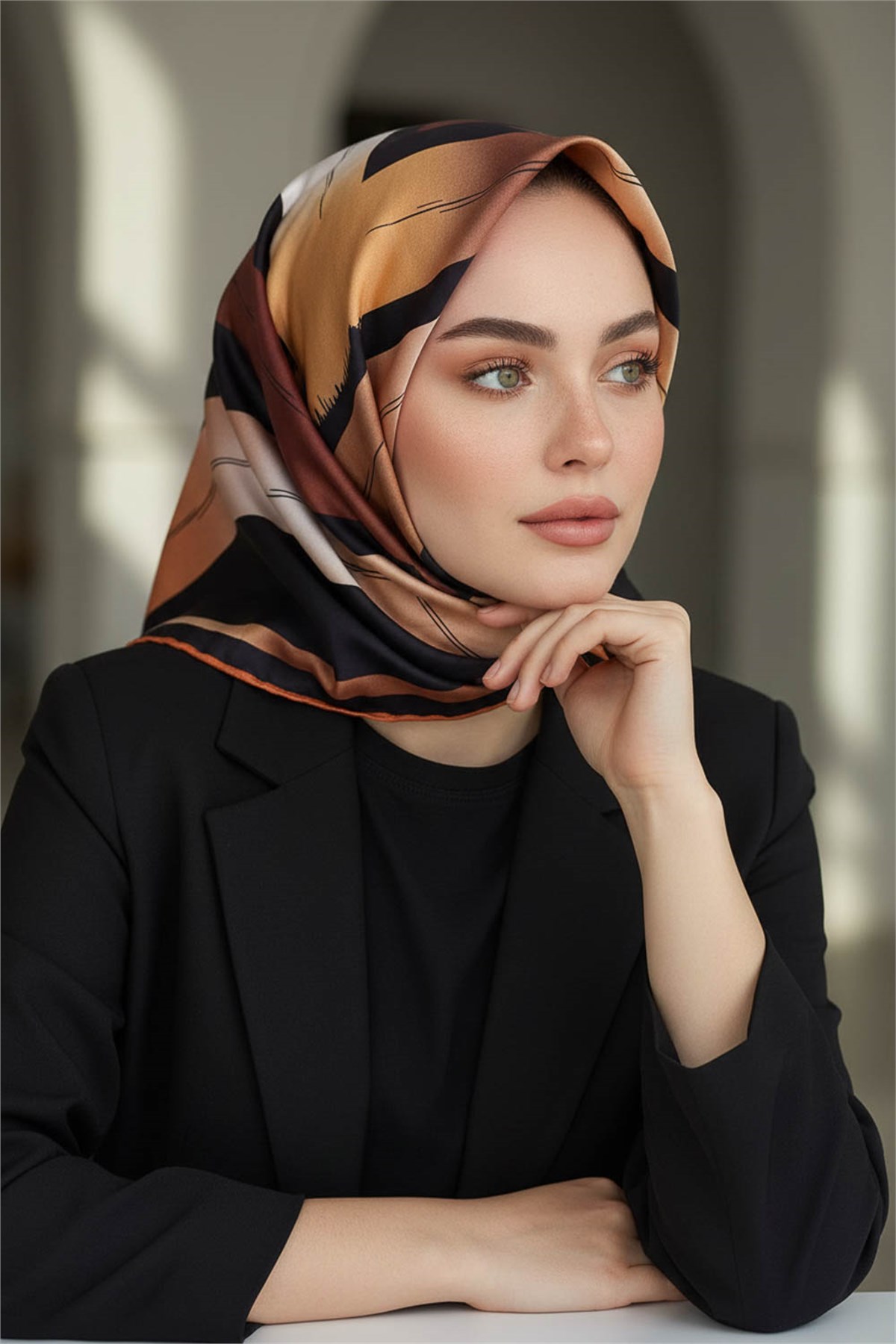 %100 Twill İpek Geometrik Fırça İzi Desenli Siyah - Taba Renkli 90x90 Eşarp Dikim Şekli : El Dikişi