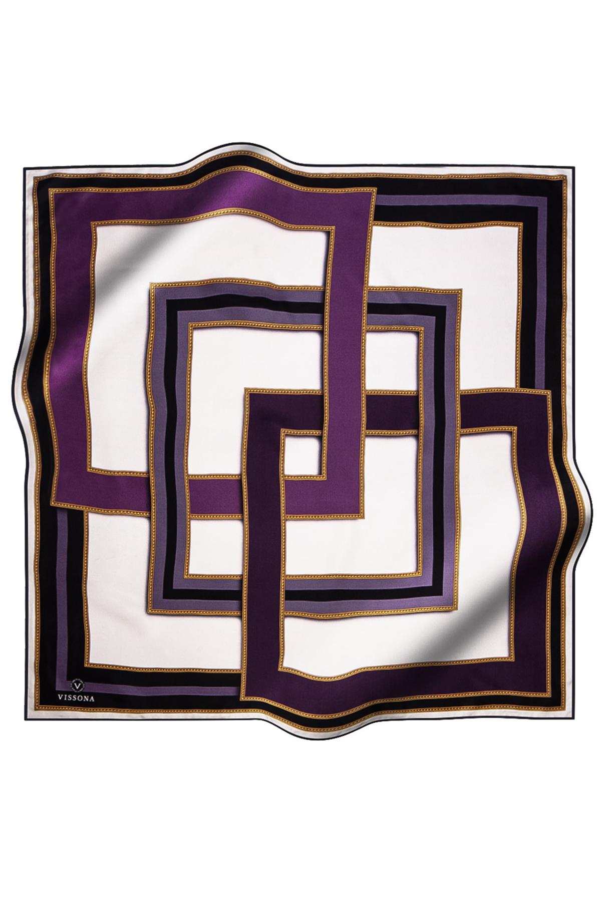 %100 Twill İpek Geometrik Desenli Leylak - Mor Renkli 90x90 Eşarp Dikim Şekli : El Dikişi