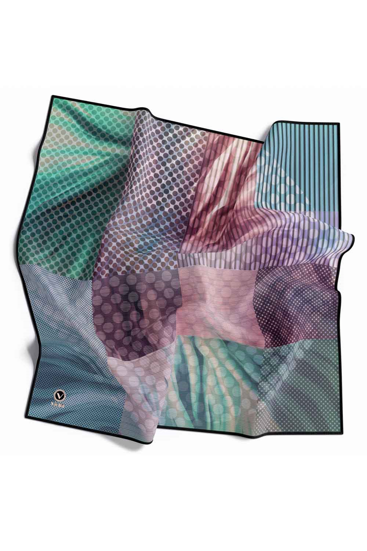 Twill Geometrik Petrol Yeşili Renkli 90x90 Eşarp (İpek İçermez) Kenar Dikiş Şekli El Dikişli