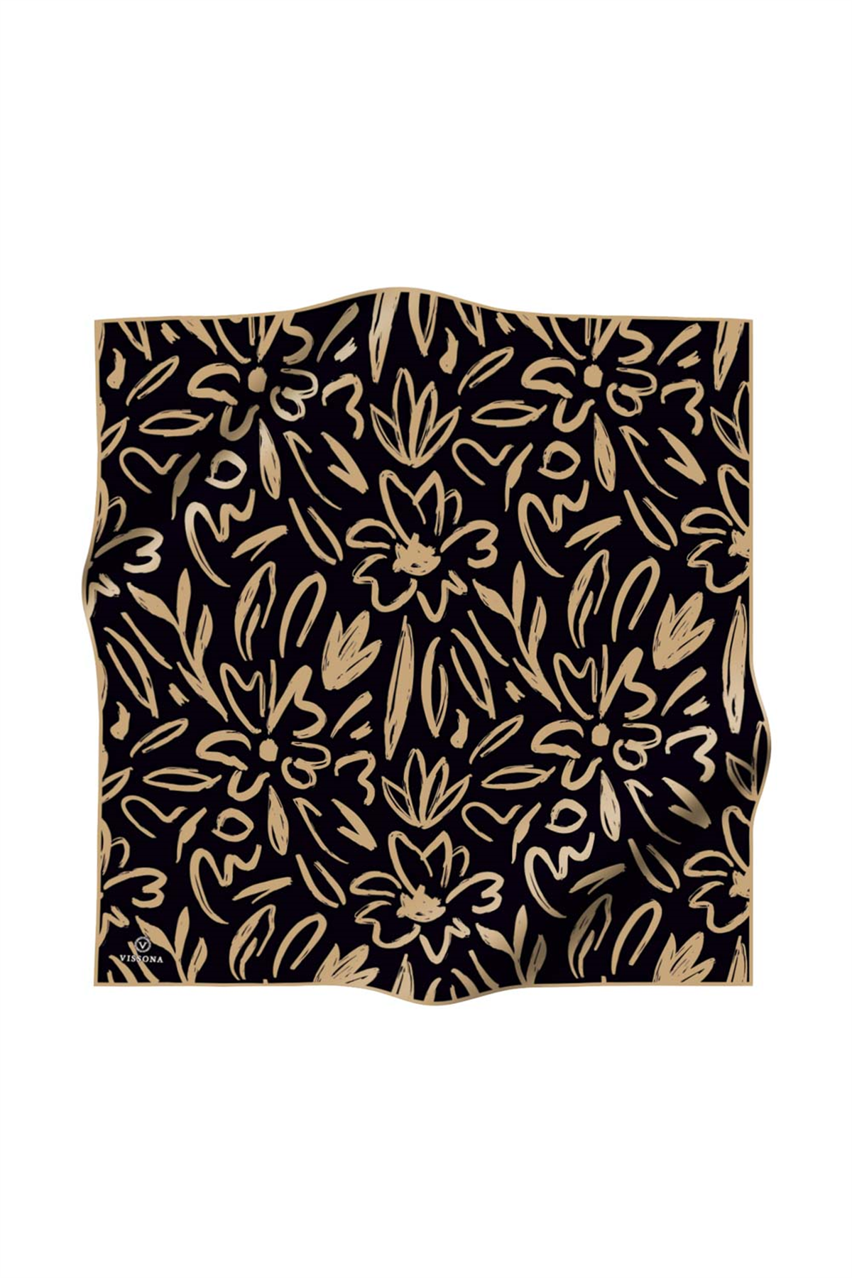 % 57 İPEK % 43 VİSKON Twill İpek Büyük Çiçek Desenli Siyah - Bej Renkli 90x90 Eşarp Dikim Şekli : El Dikişi