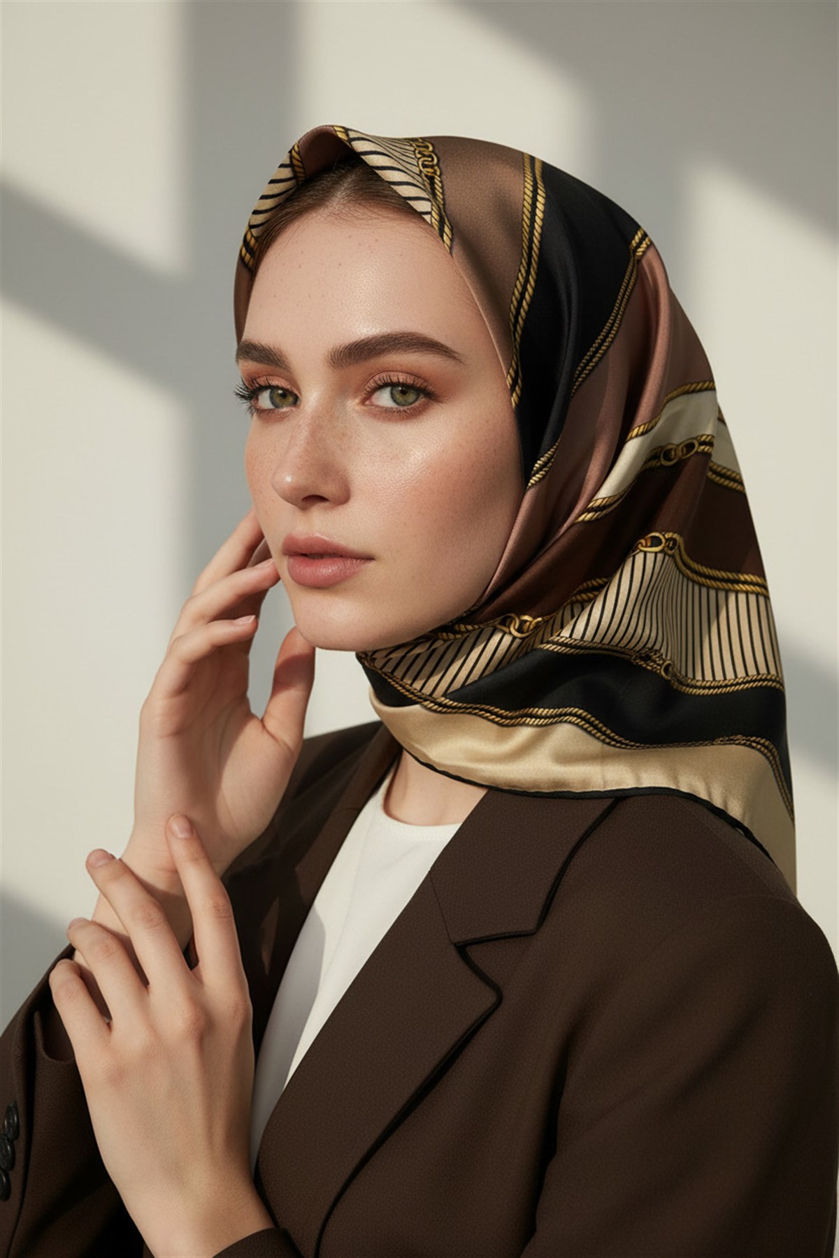 %100 Twill İpek Zincir Detaylı Geometrik Desenli Bej - Vizon Renkli 90x90 Eşarp Dikim Şekli : El Dikişi