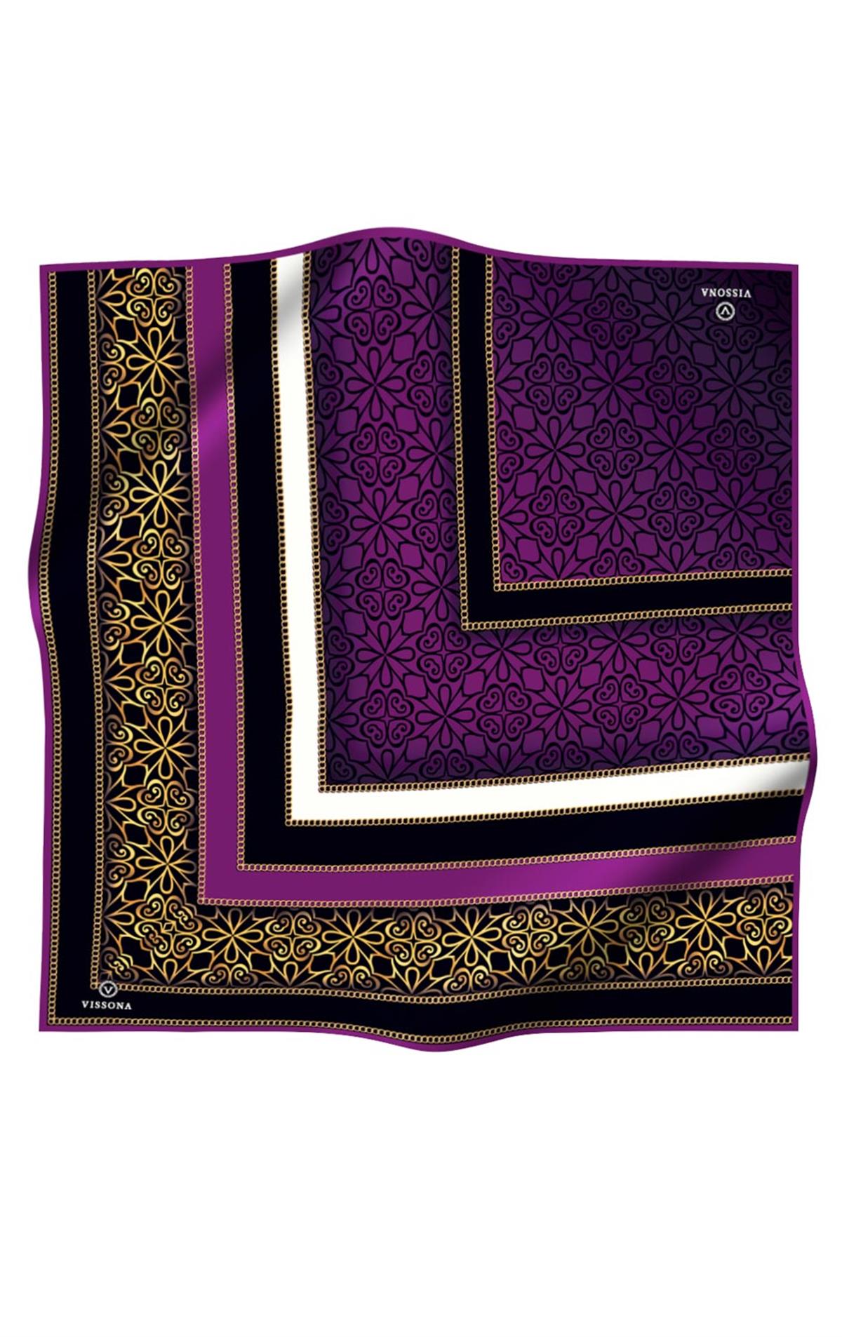 %100 Twill İpek Zincirli Ve Etnik Desenli Mürdüm - Siyah Renkli 90x90 Eşarp Dikim Şekli : El Dikişi