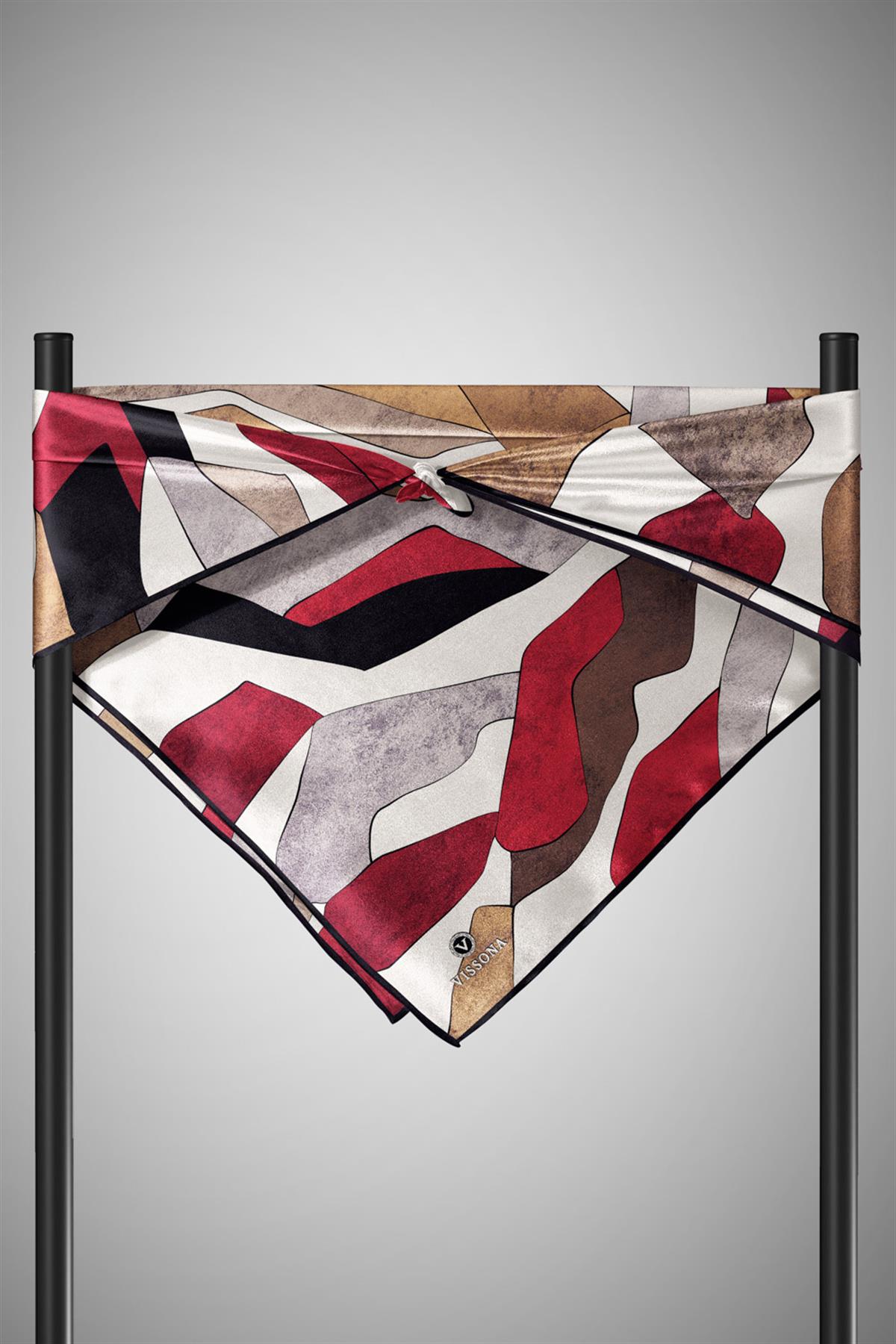 %100 Twill İpek Geometrik Desenli Bej - Bordo Renkli 90x90 Eşarp Dikim Şekli : El Dikişi