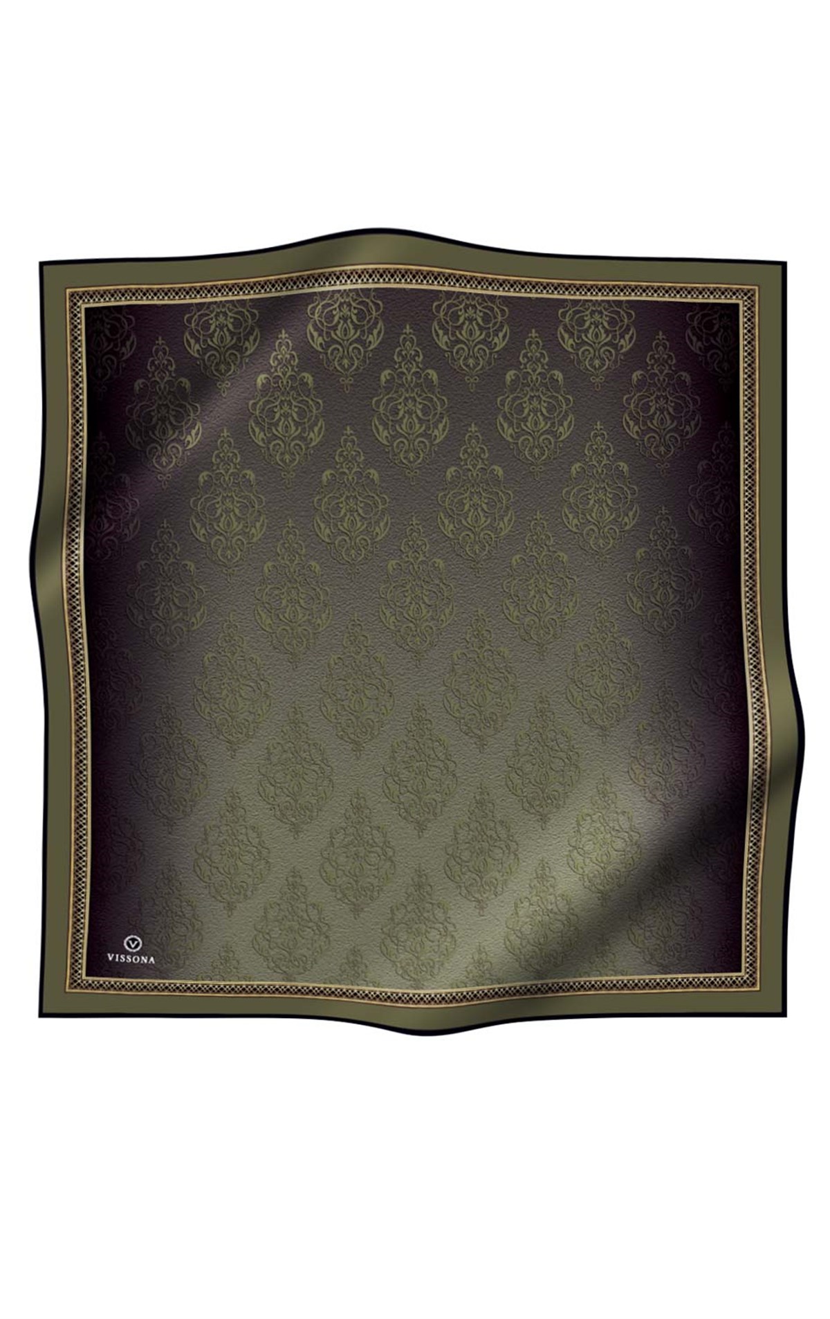 %100 Twill İpek Eşarp 90x90 Haki Yeşili Barok Desenli El Dikişli Kadın Eşarp