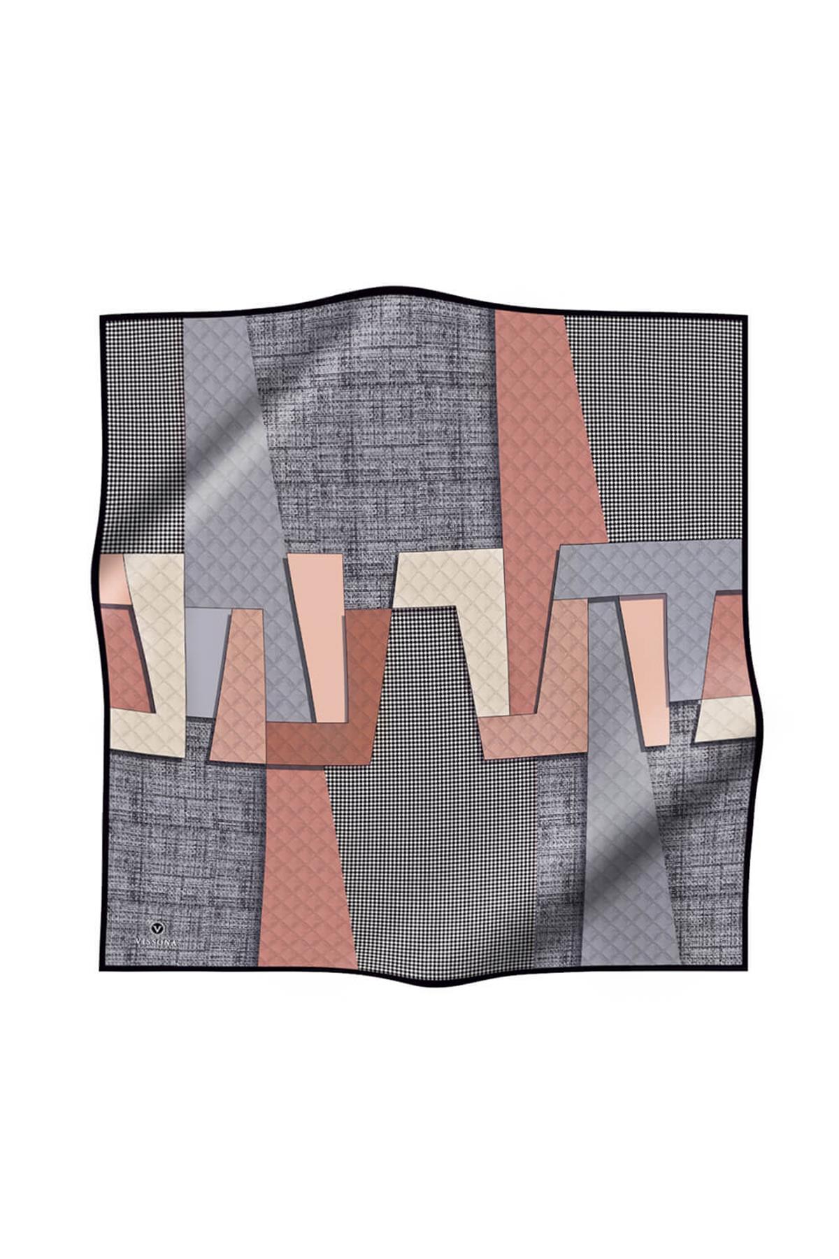 %100 Twill İpek Kazayaklı Ve Geometrik Desenli Gri - Bakır Renkli 90x90 Eşarp Dikim Şekli : El Dikişi