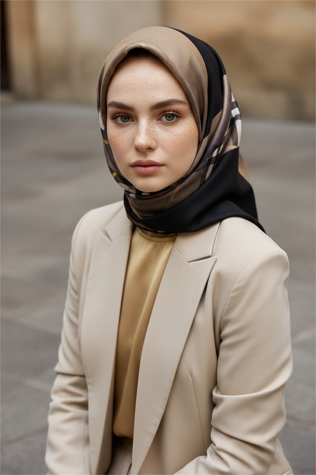 %100 Twill İpek Eşarp 90x90 Bej Siyah Ekose Desenli El Dikişli Kadın Eşarp
