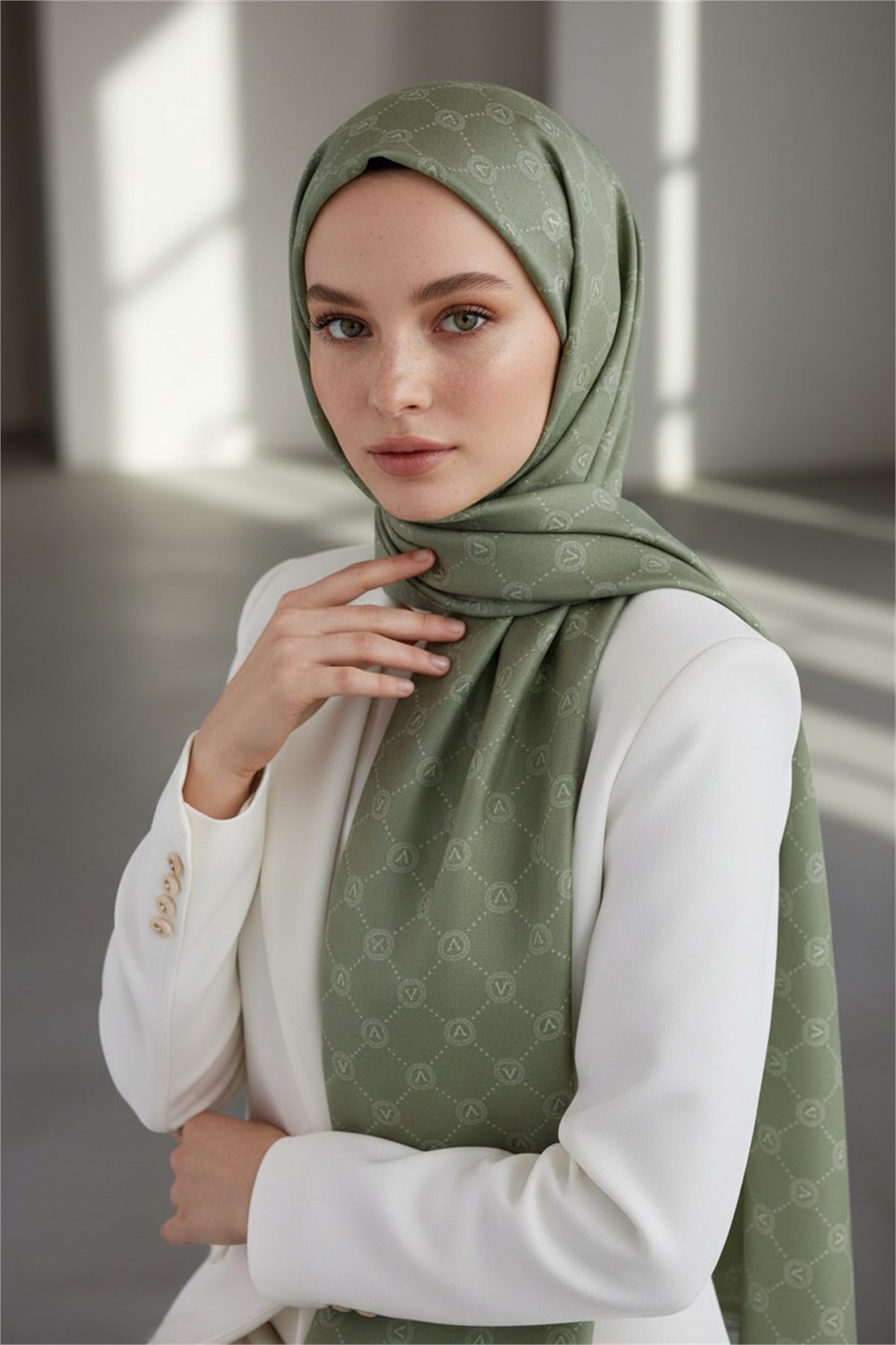 %100 Saf İpek Şal İnce Saten Vual Dokuma V Logo Desenli Haki Renkli 90x210 Şal