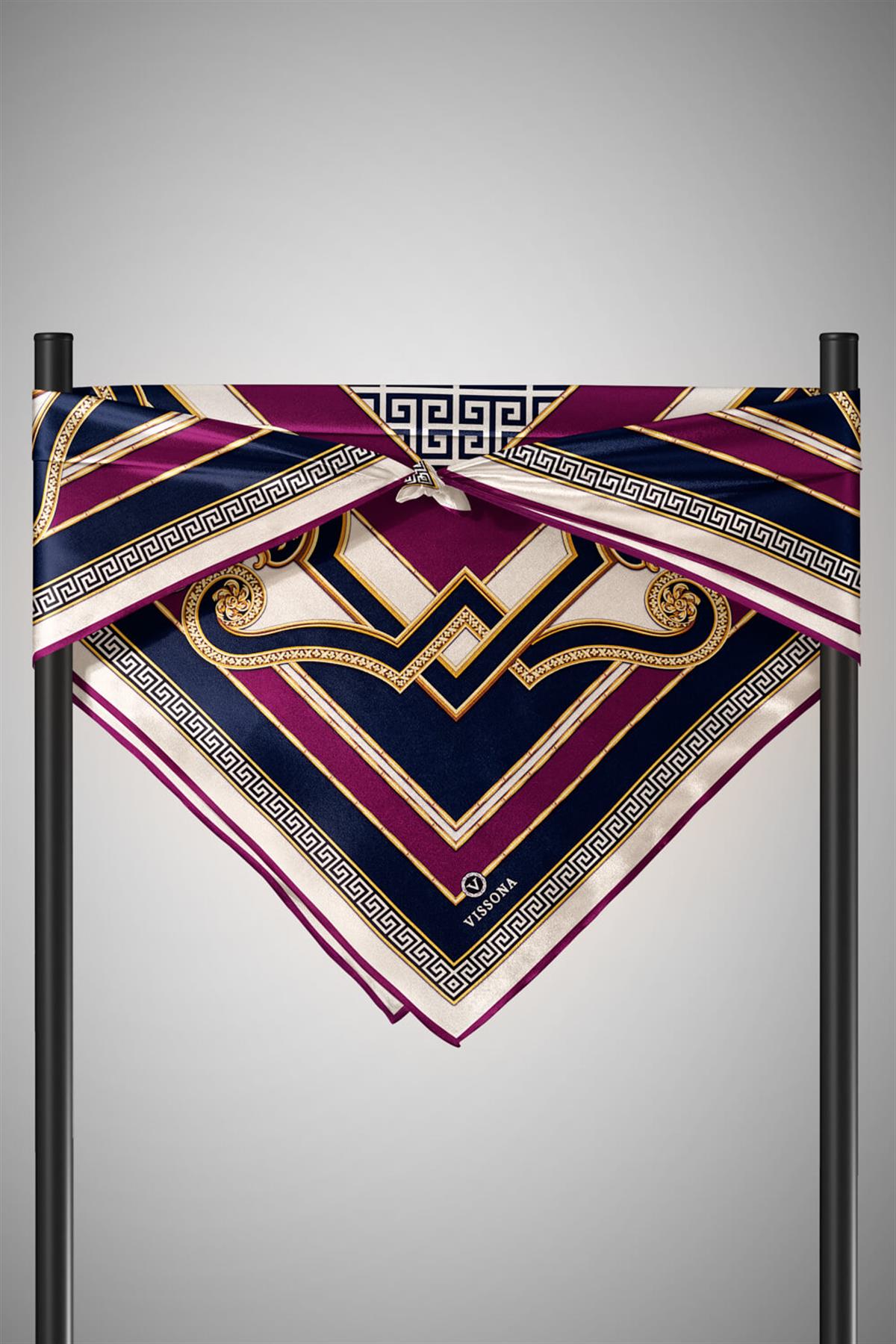 %100 Twill İpek Barok Desenli Mürdüm - Lacivert Renkli 90x90 Eşarp Dikim Şekli : El Dikişi