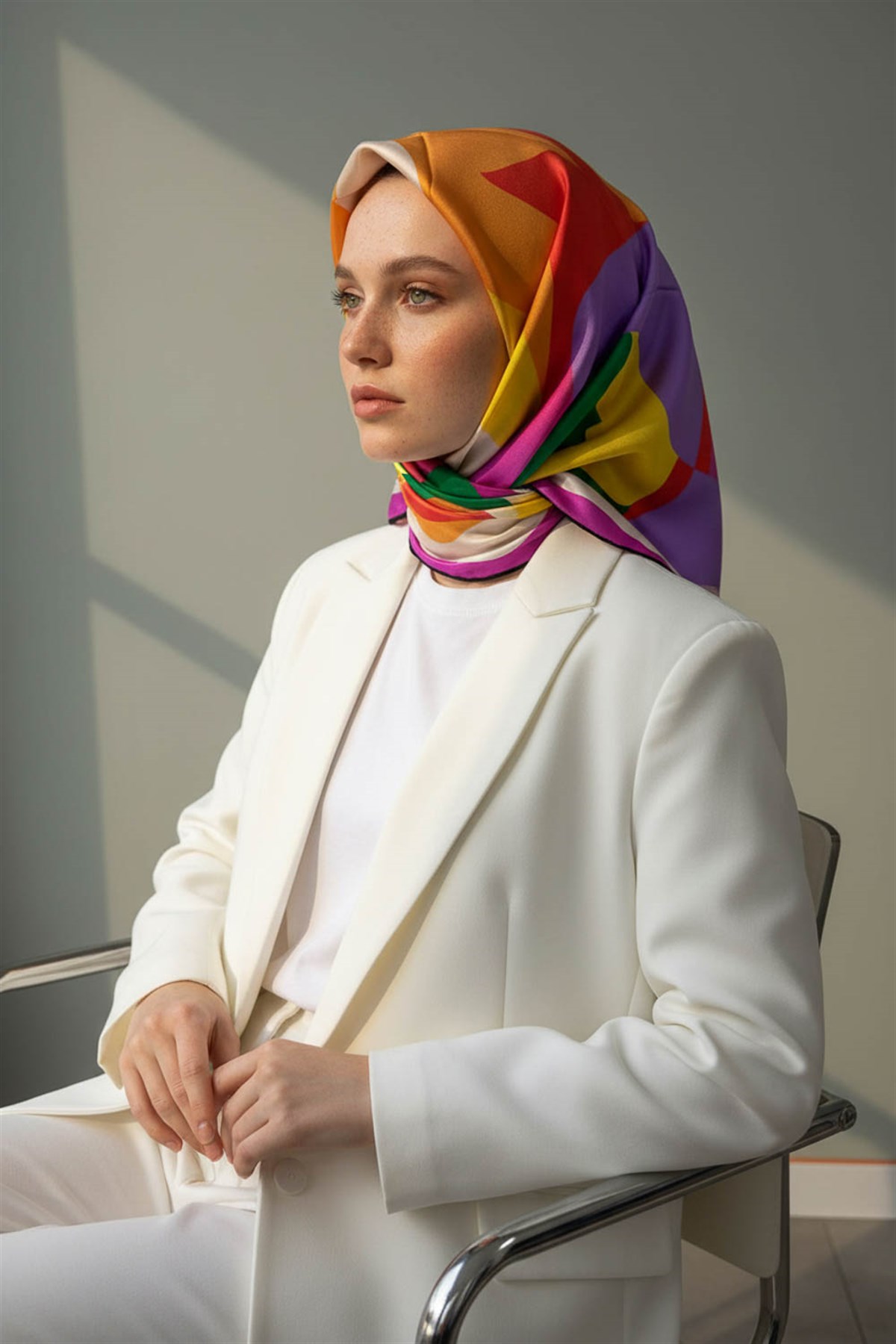 %100 Twill İpek Geometrik Desenli Fuşya Renkli 90x90 Eşarp Dikim Şekli : El Dikişi
