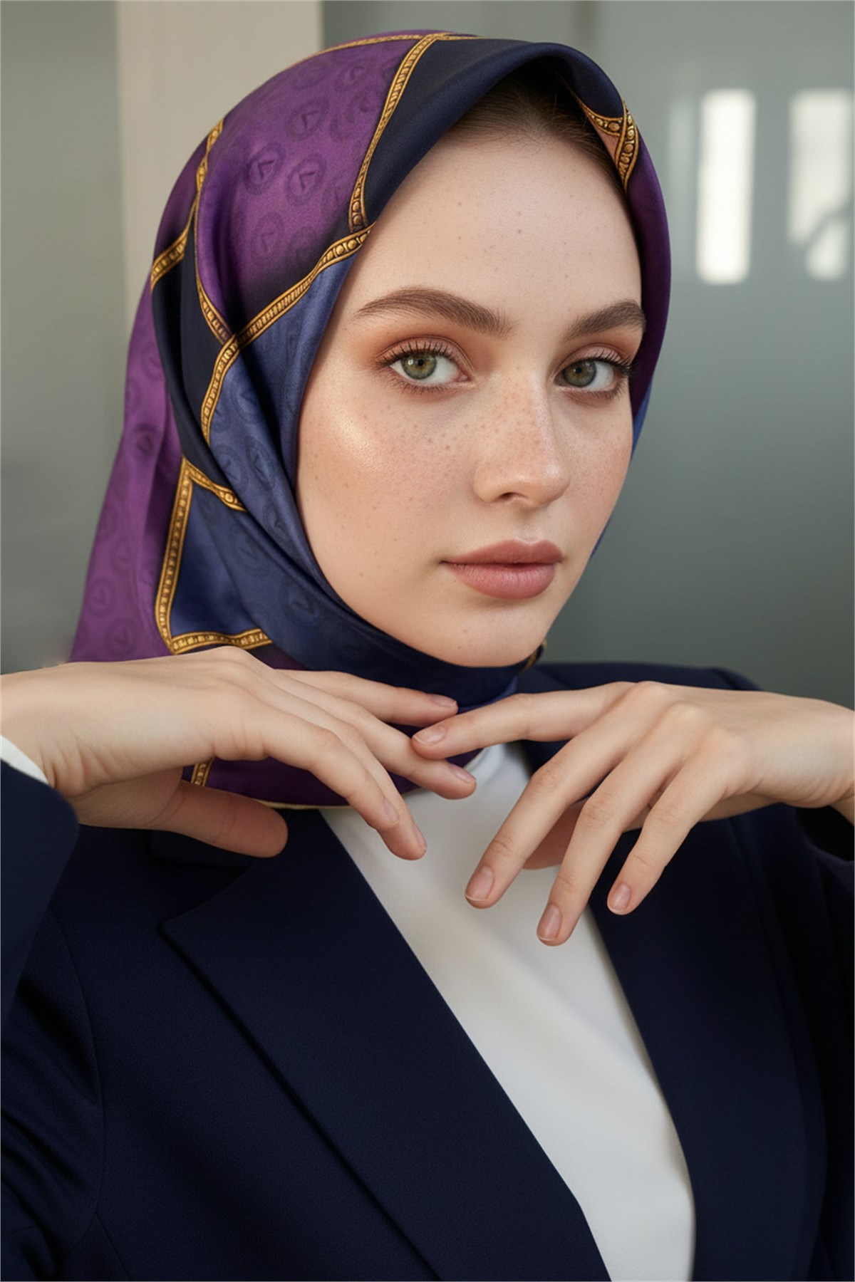 %100 Twill İpek Geometrik Desenli Lacivert - Mor Renkli 90x90 Eşarp Dikim Şekli : El Dikişi
