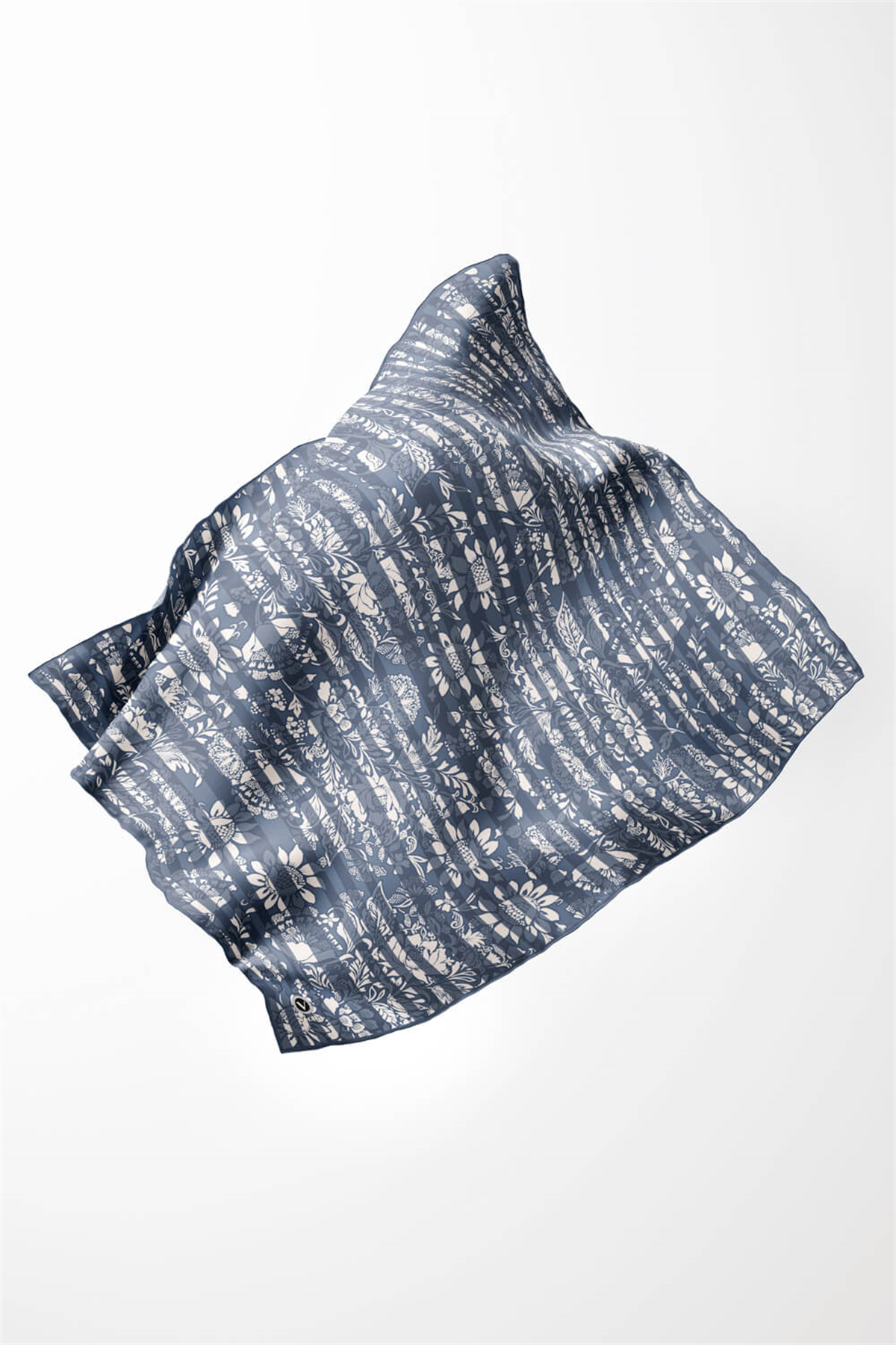 Twill Batik Şal Desenli İndigo Renkli 90x90 Eşarp (İpek İçermez) Kenar Dikiş Şekli El Dikişli