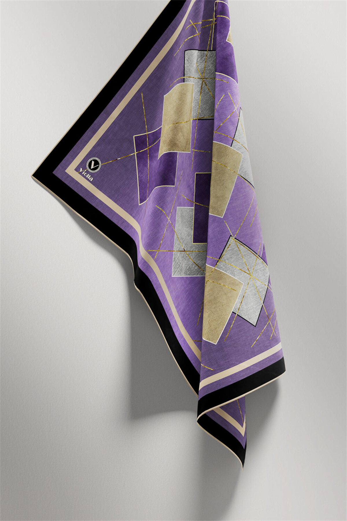 Twill Geometrik Desenli Lila Renkli 90x90 Eşarp (İpek İçermez) Kenar Dikiş Şekli El Dikişli