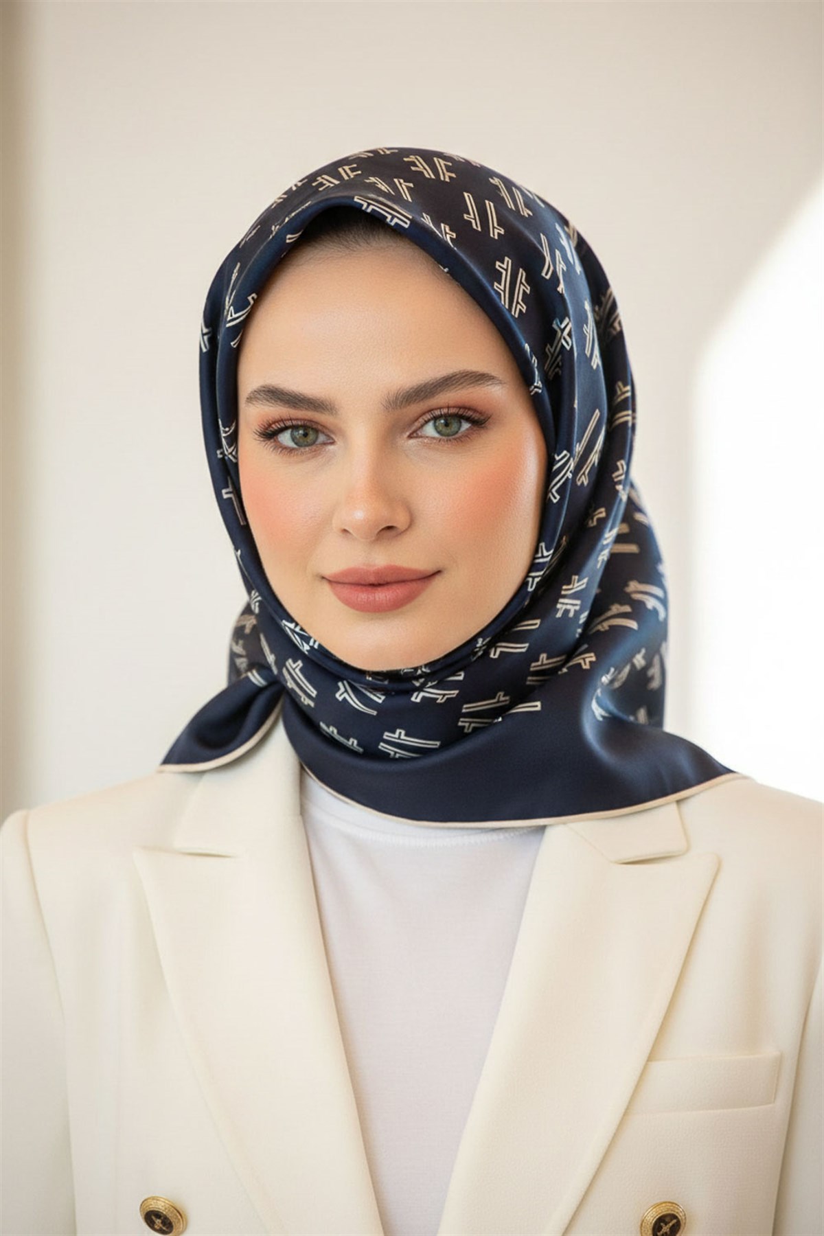 % 57 İPEK % 43 VİSKON Twill İpek Geometrik Desenli Lacivert - Krem Renkli 90x90 Eşarp Dikim Şekli : El Dikişi
