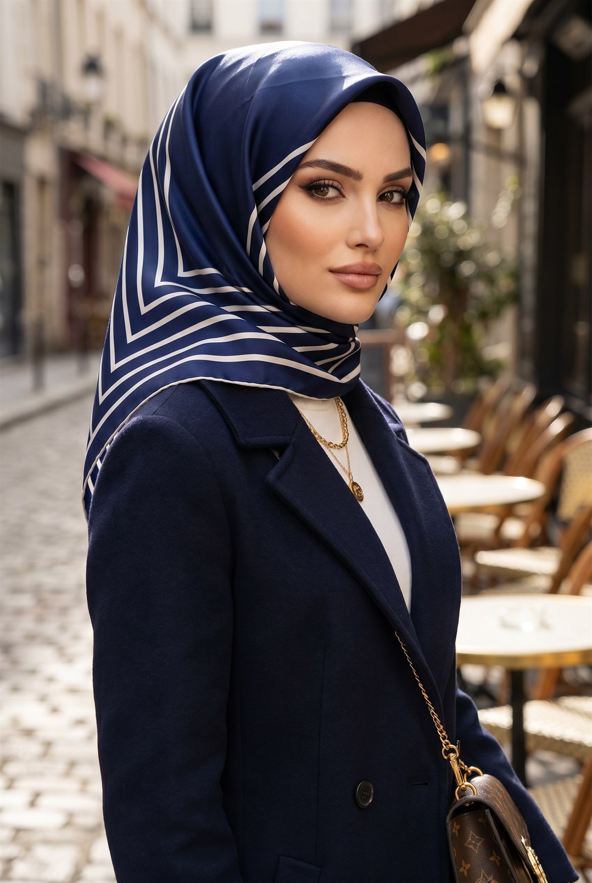 %100 Twill İpek Çizgili Desenli Lacivert - Krem Renkli 90x90 Eşarp Dikim Şekli : El Dikişi