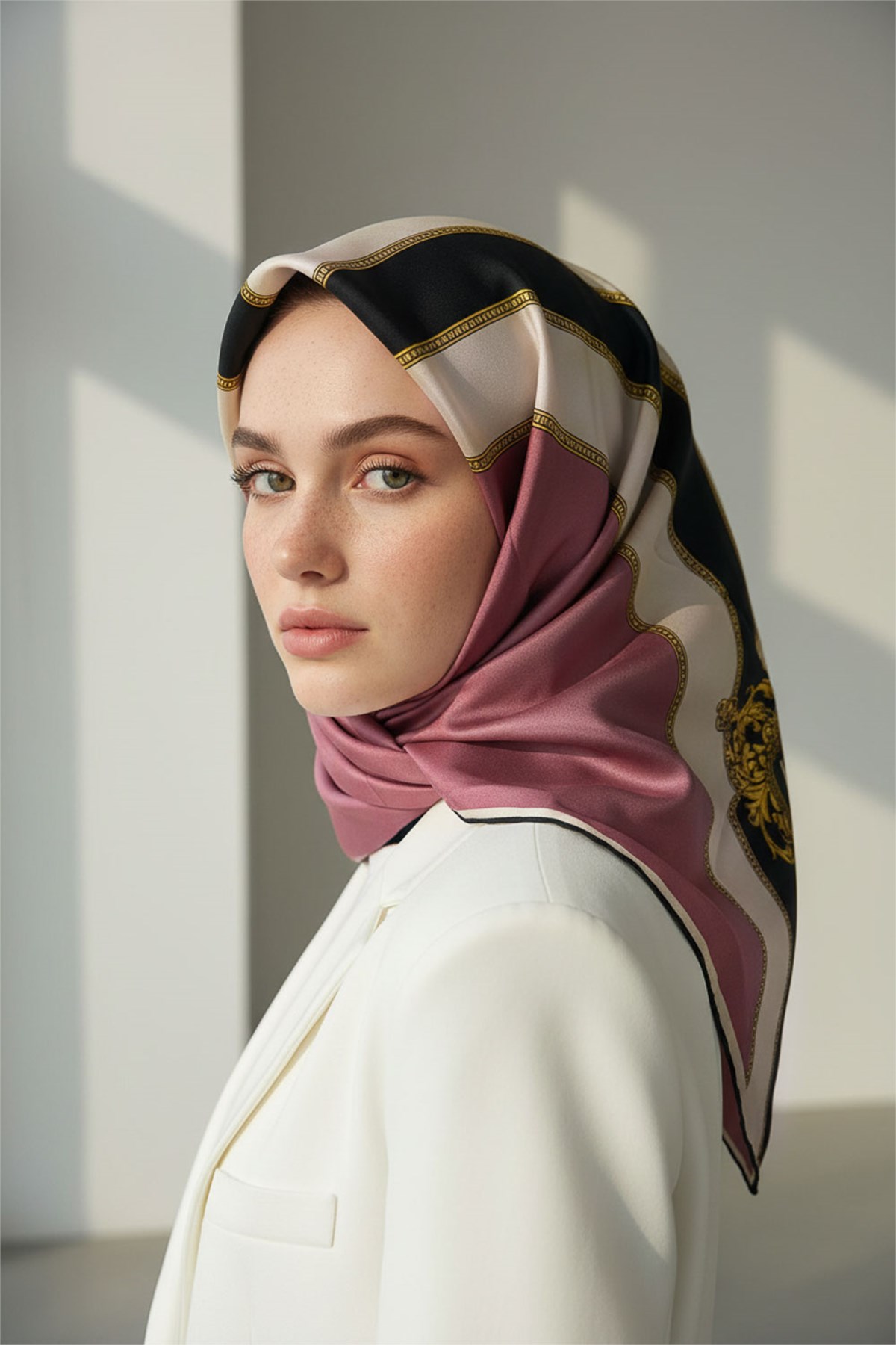 %100 Twill İpek Eşarp 90x90 Çizgili Barok Detaylı El Dikişli Kadın Eşarp