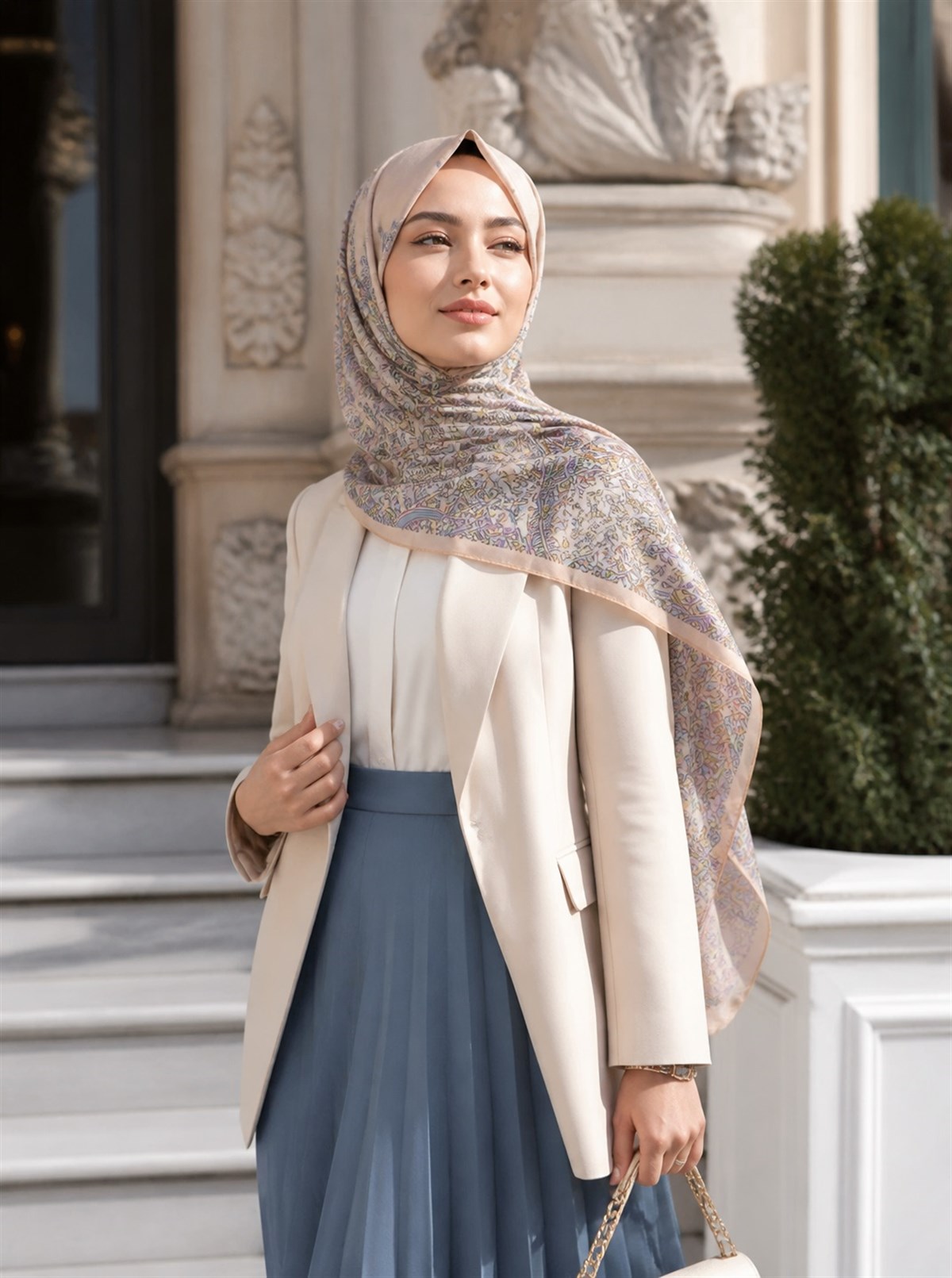 %100 Saf İpek Şal İnce Saten Vual Dokuma Etnik Desenli Somon Renkli 90x210 Şal