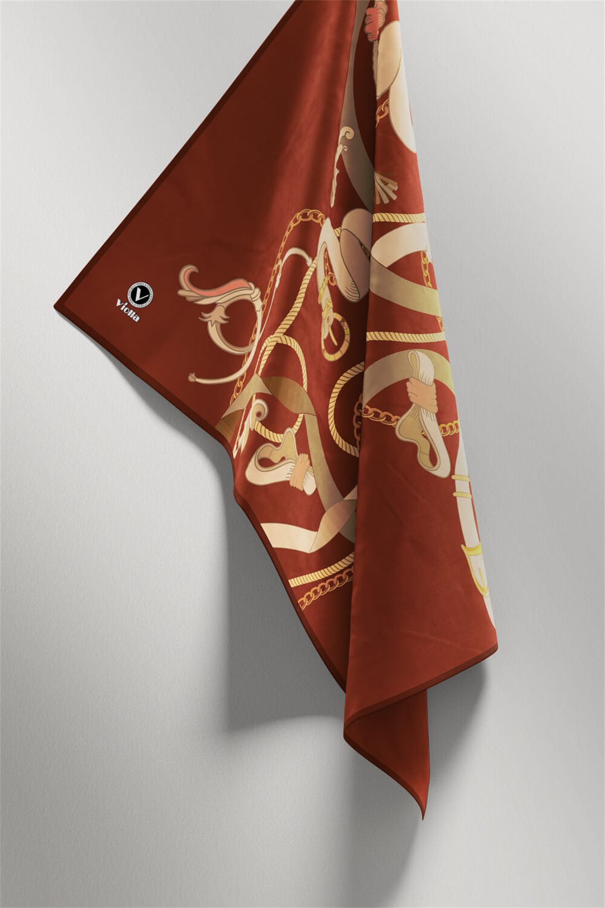 Twill Kemerli Ve Zincir Desenli Taba Renkli 90x90 Eşarp (İpek İçermez) Kenar Dikiş Şekli El Dikişli