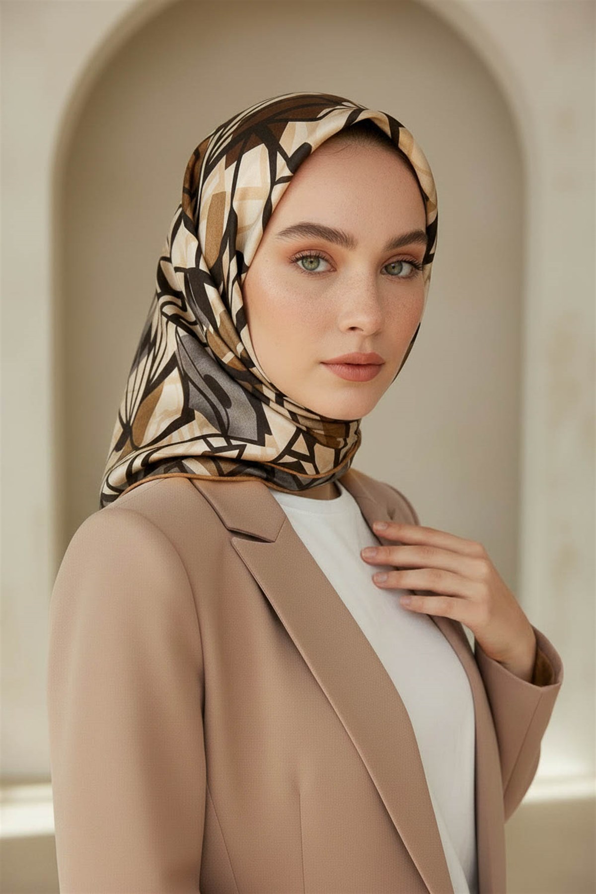 %100 Twill Renkli Petek Desenli Sütlükahve - Vizon Renkli 90x90 Eşarp Dikim Şekli: El Dikişii