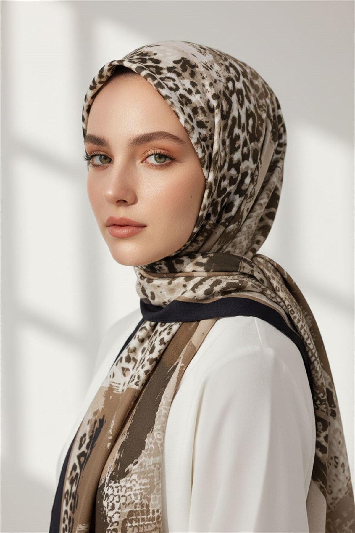 KREP LEOPAR DESENLİ BEJ - SİYAH RENKLİ 75X195 KIRIŞMAZ ŞAL