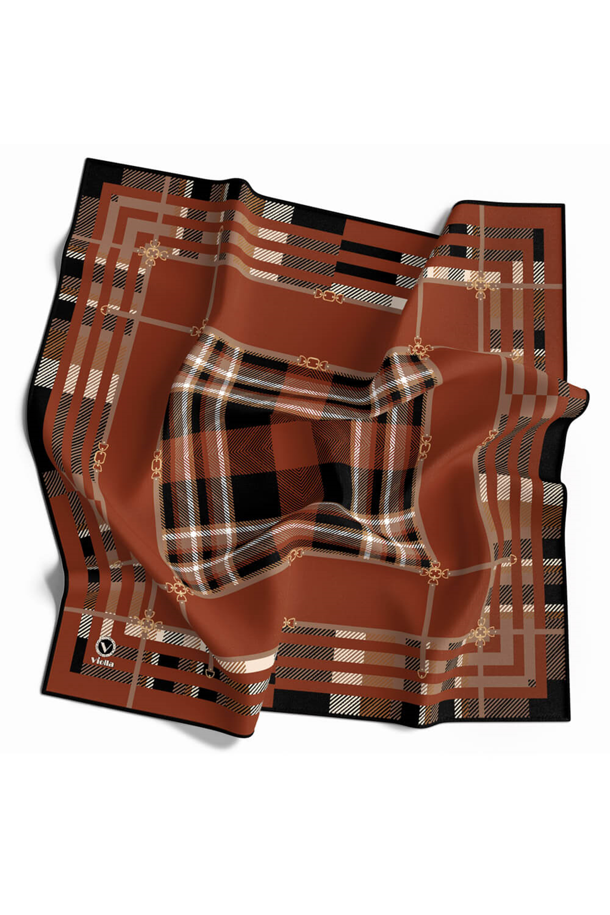 Twill Kemerli ve Ekose Desenli Taba Renkli 90x90 Eşarp (İpek İçermez)Kenar Dikiş Şekli El Dikişli