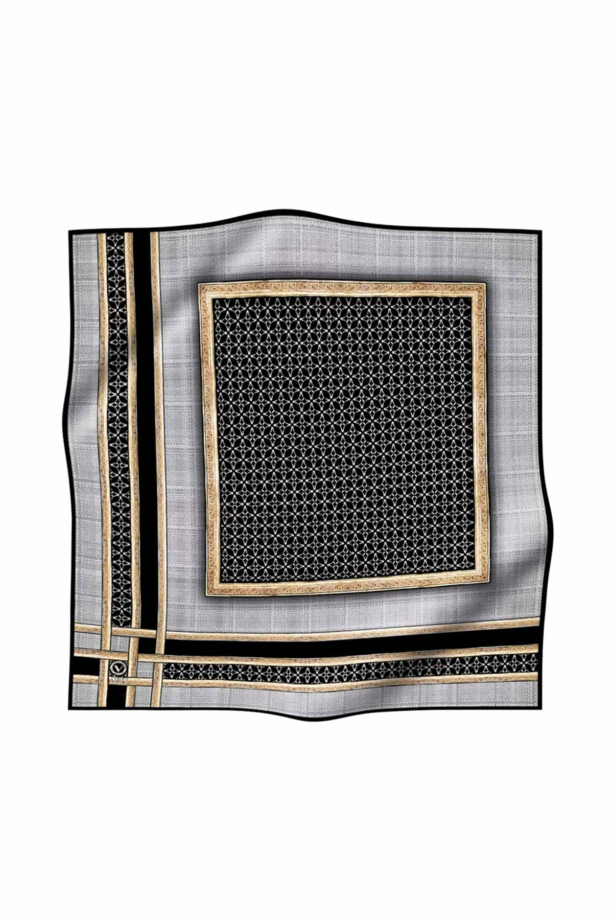 Twill Gold Bordürlü Geometrik Desenli Gri Renkli 90x90 Eşarp (İpek İçermez) Kenar Dikiş Şekli El Dikişli
