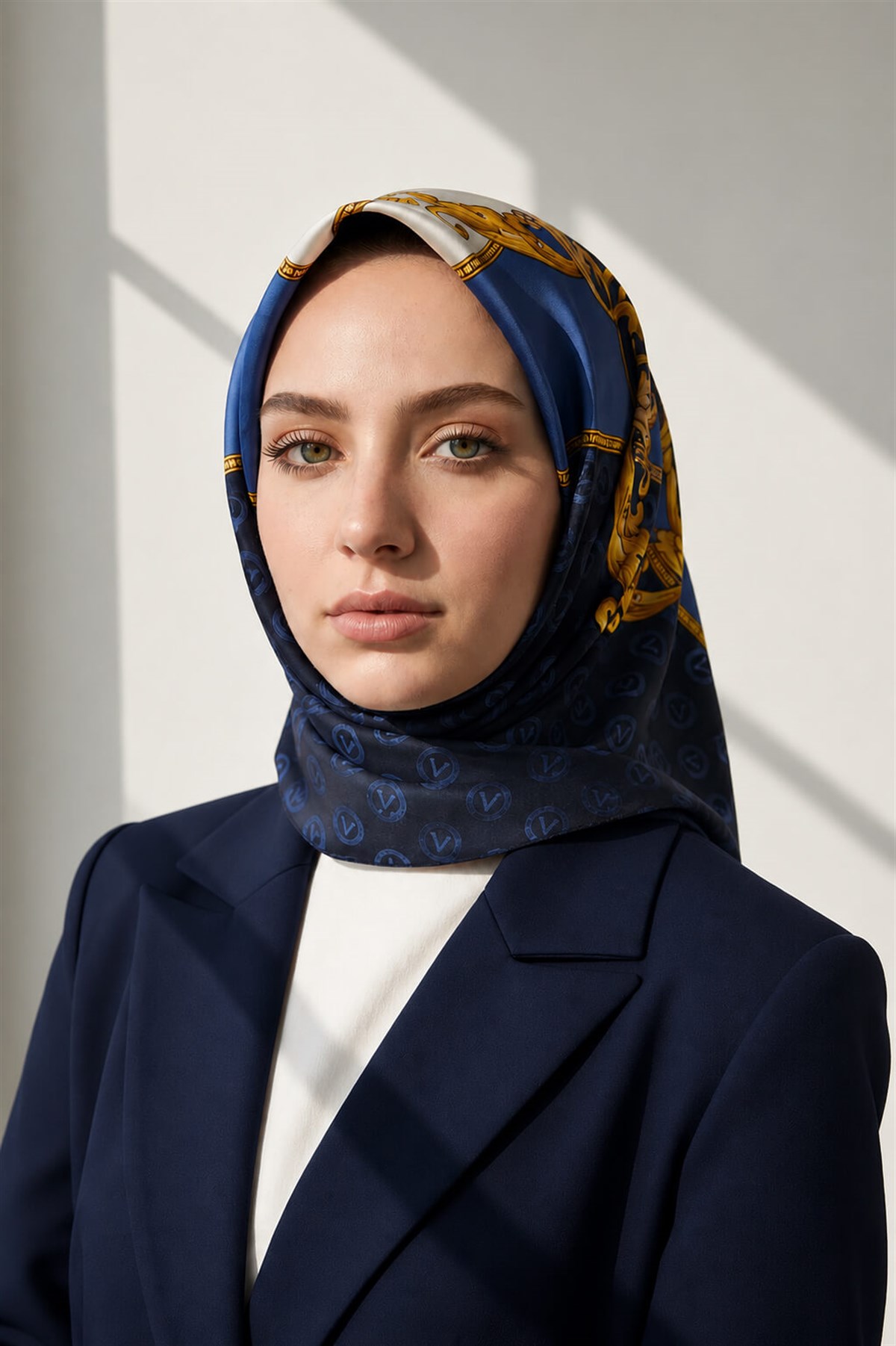 %100 Twill İpek Monogram Ve Barok Desenli Lacivert - İndigo  Renkli 90x90 Eşarp Dikim Şekli : El Dikişi