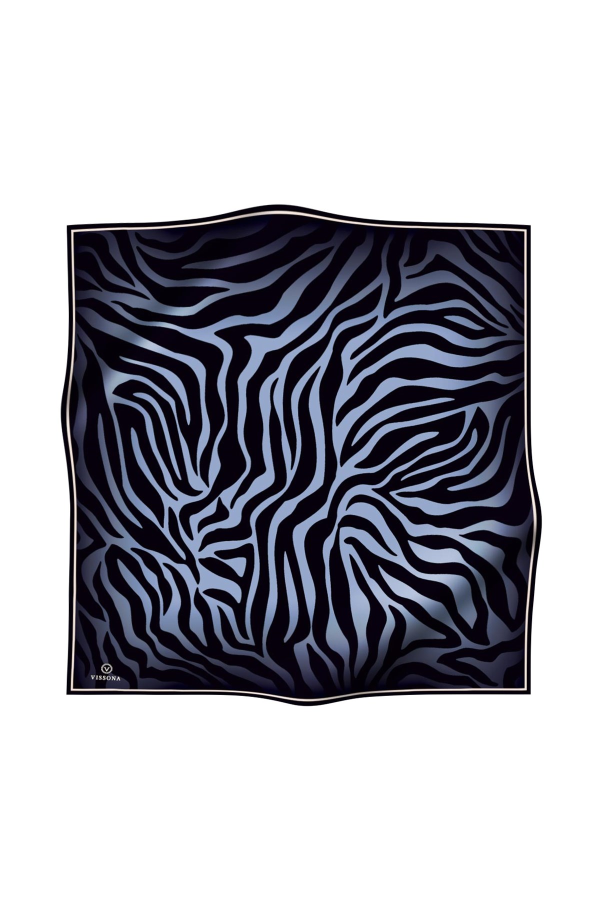 %100 Twill İpek Zebra Desenli İndigo - Siyah Renkli 90x90 Eşarp Dikim Şekli : El Dikişi