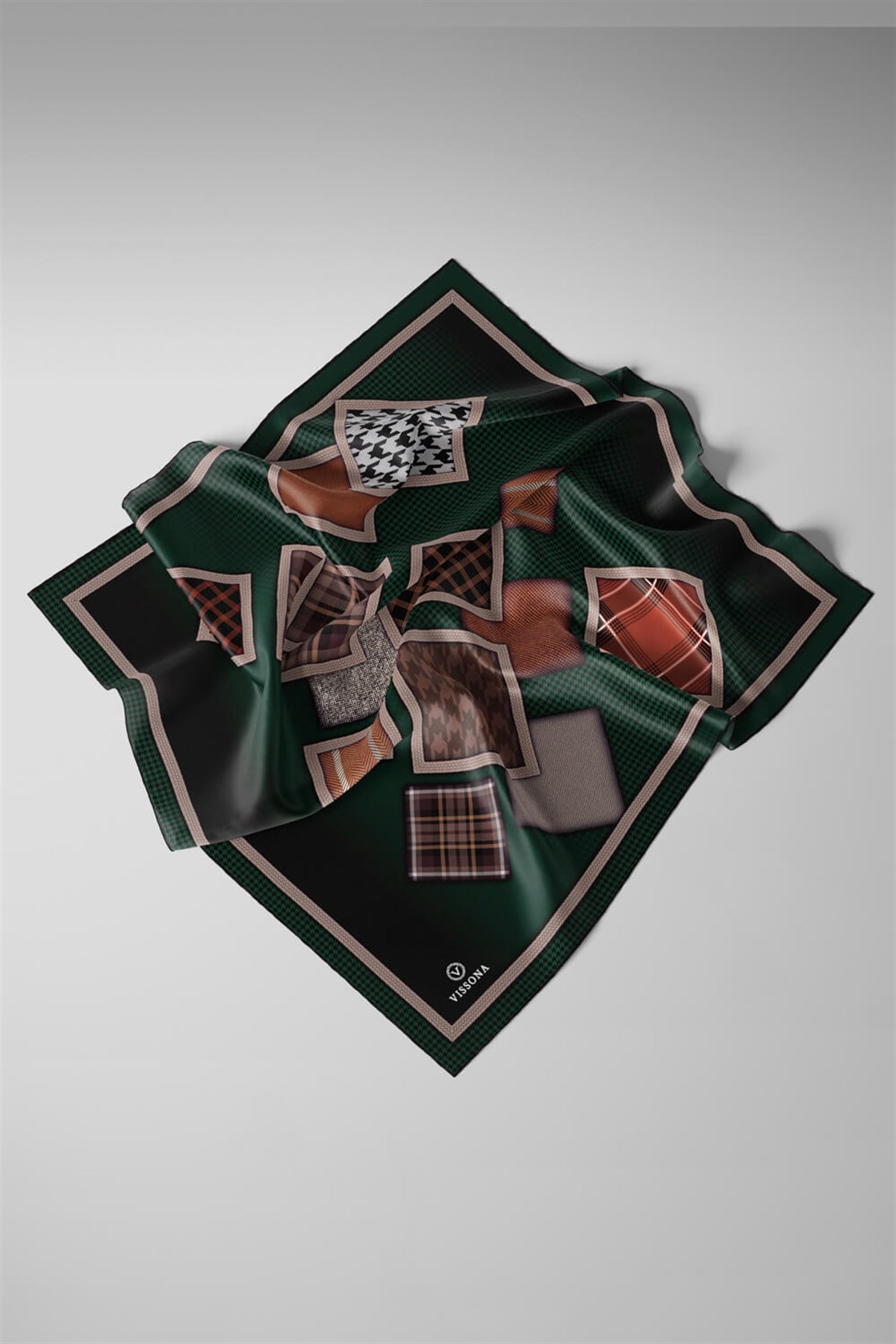 %100 Twill İpek Kazakayaklı Ve Ekose Desenli Zümrüt Yeşili - Siyah Renkli 90x90 Eşarp Dikim Şekli : El Dikişi