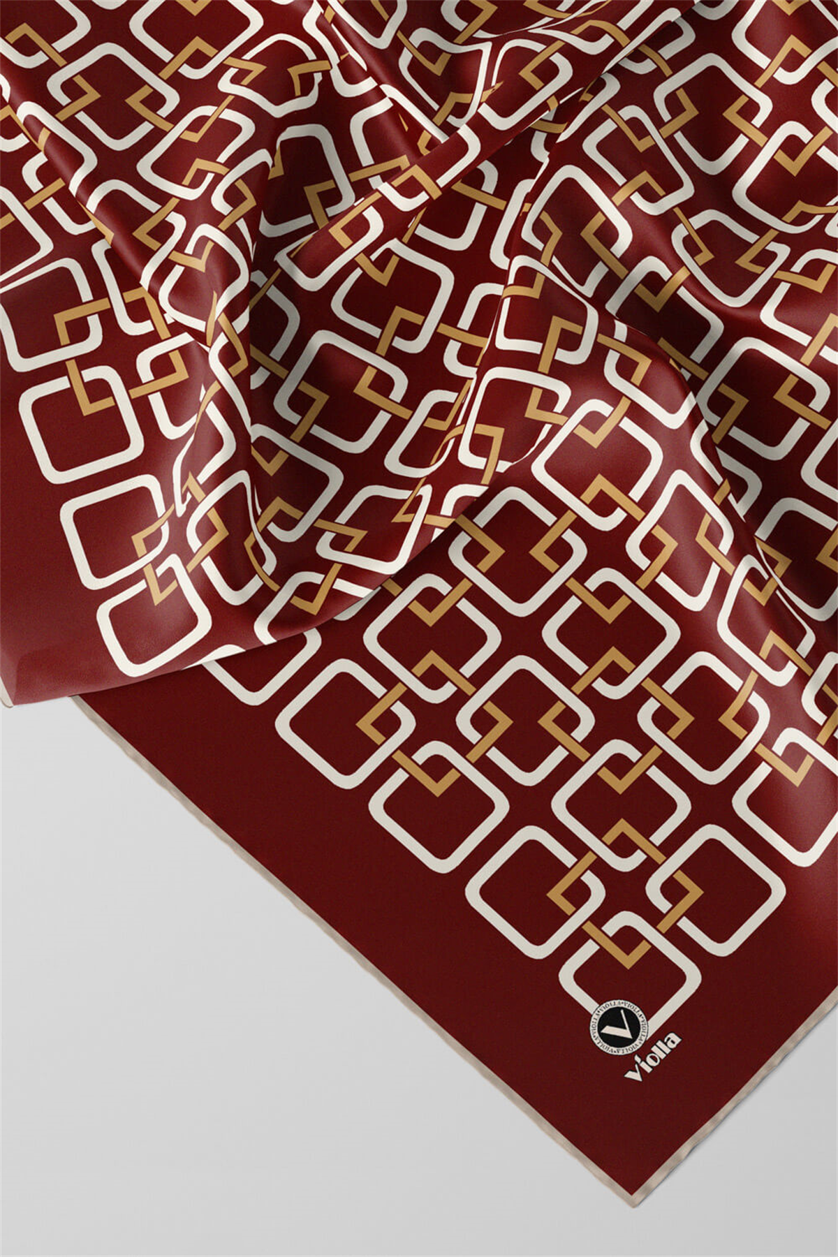 Twill Geometrik Desenli Bordo Renkli 90x90 Eşarp (İpek İçermez) Kenar Dikiş Şekli El Dikişli