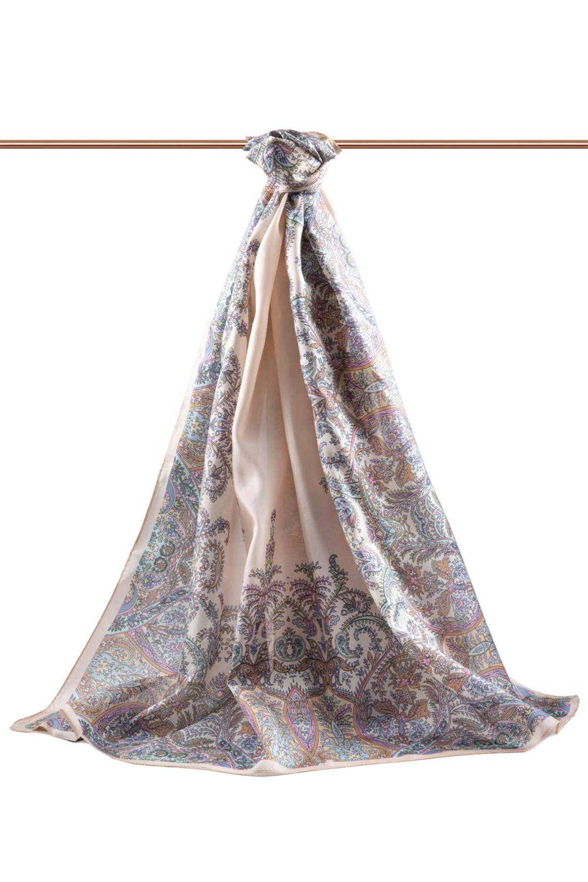 %100 İpek Etnik Desenli Somon Renkli 92x210 Şal