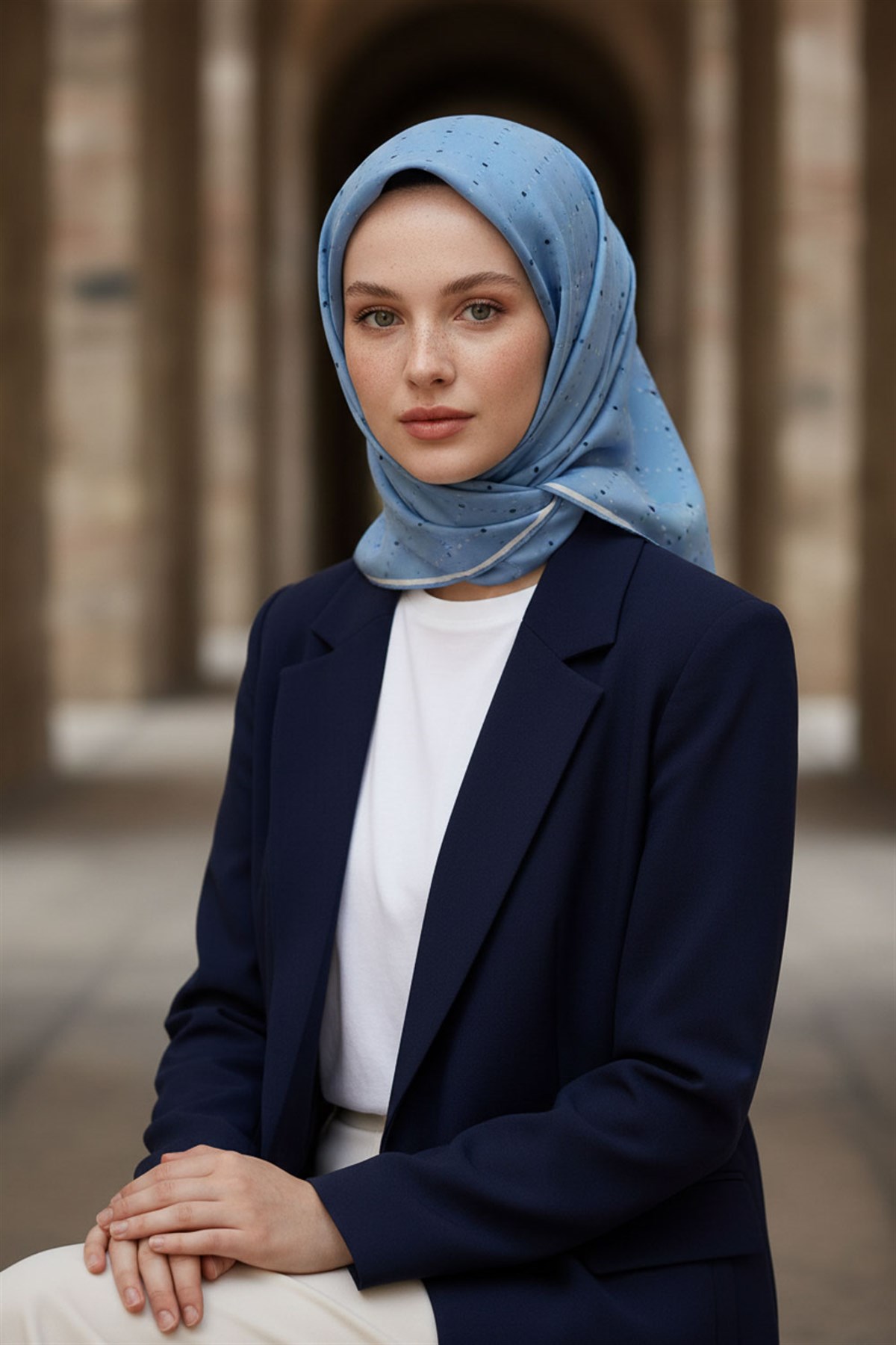 % 57 İPEK % 43 VİSKON Twill İpek Minik V Desenli Bebe Mavisi Renkli 90x90 Eşarp Dikim Şekli : El Dikişi