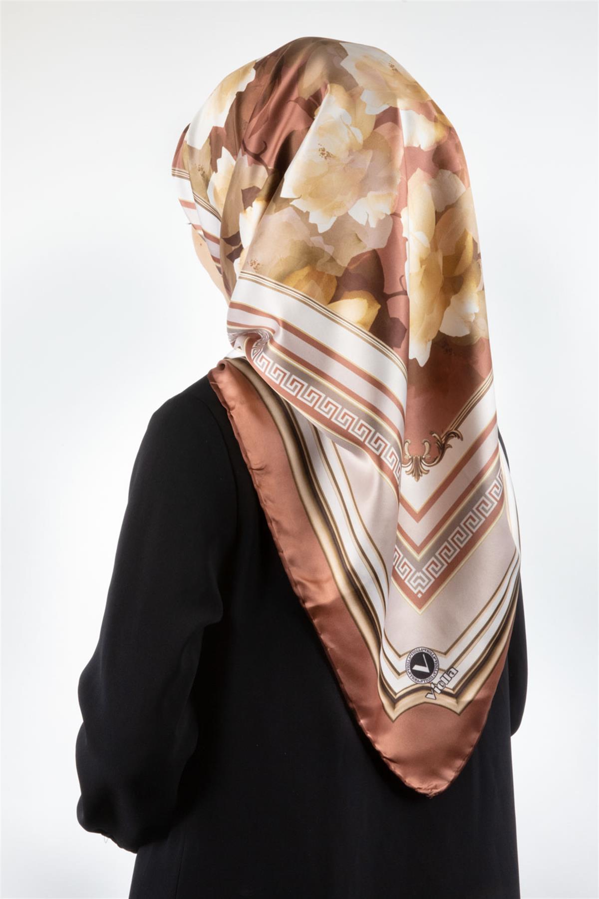 Rayon Çerçeveli Gül Desenli Bakır Renkli 90x90 Dikim Şekli : El Dikişi Eşarp (İpek İçermez) Kenar Dikiş Şekli El Dikişli