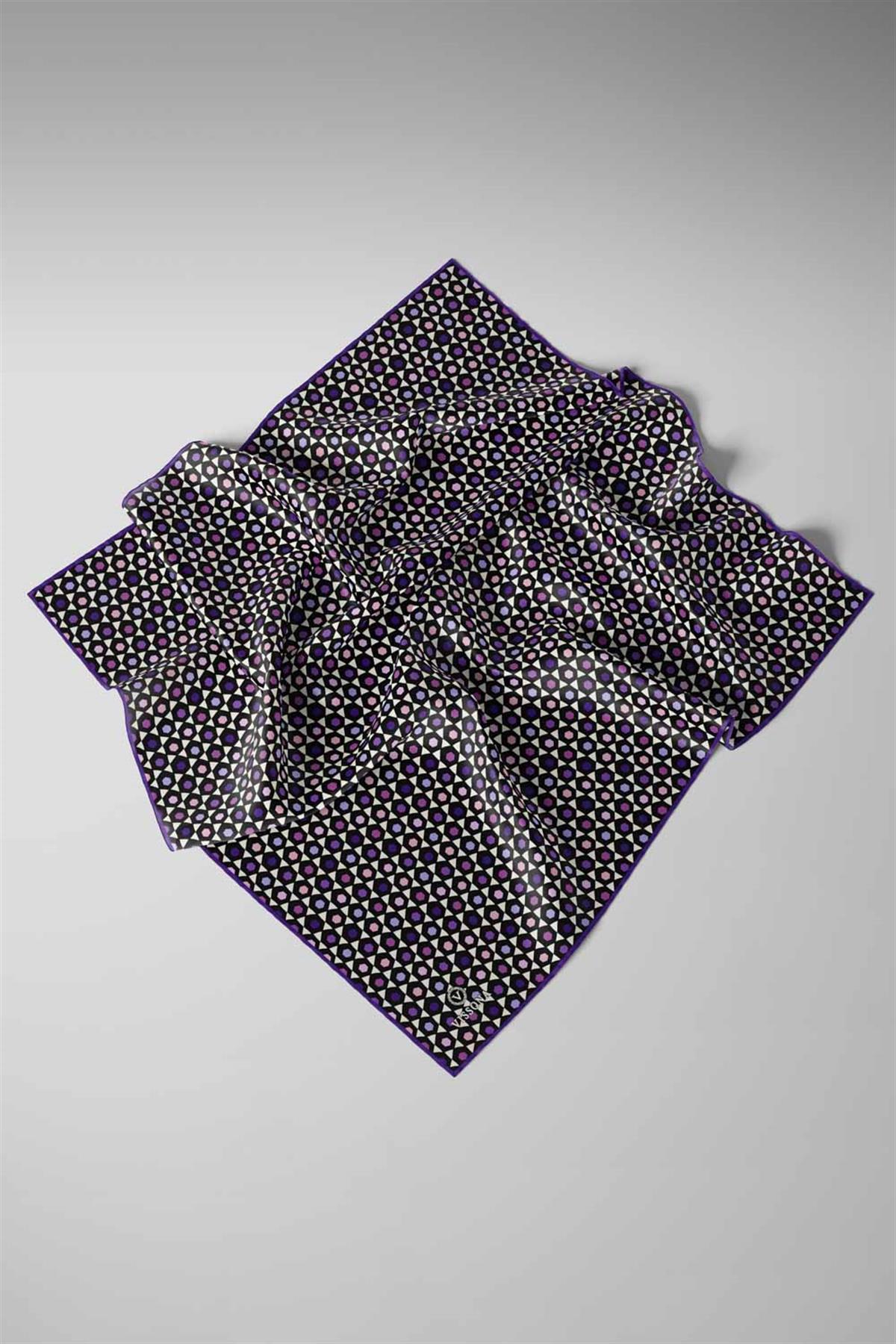 %100 Twill İpek Nokta Desenli Siyah - Mor Renkli 90x90 Eşarp Dikim Şekli : El Dikişi
