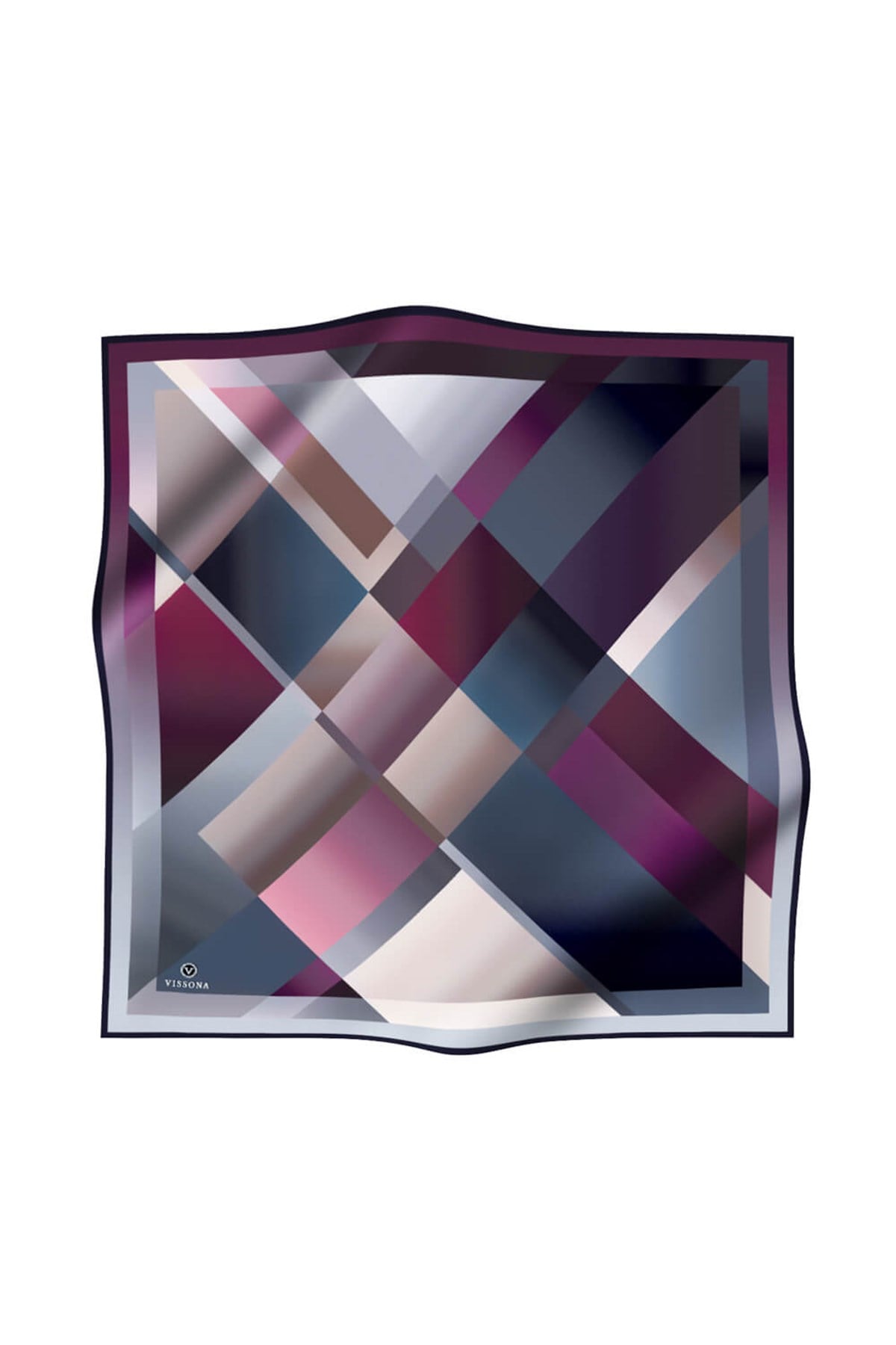 % 57 İPEK % 43 VİSKON Twill İpek Geometrik Desenli Mürdüm - İndigo Renkli 90x90 Eşarp Dikim Şekli : El Dikişi