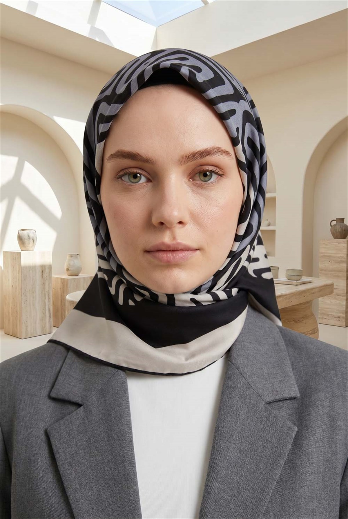 100% Twill İpek Bordürlü Dalga Desenli Siyah - Gri Renkli 90x90 Dikim Şekli : El Dikişi Eşarp
