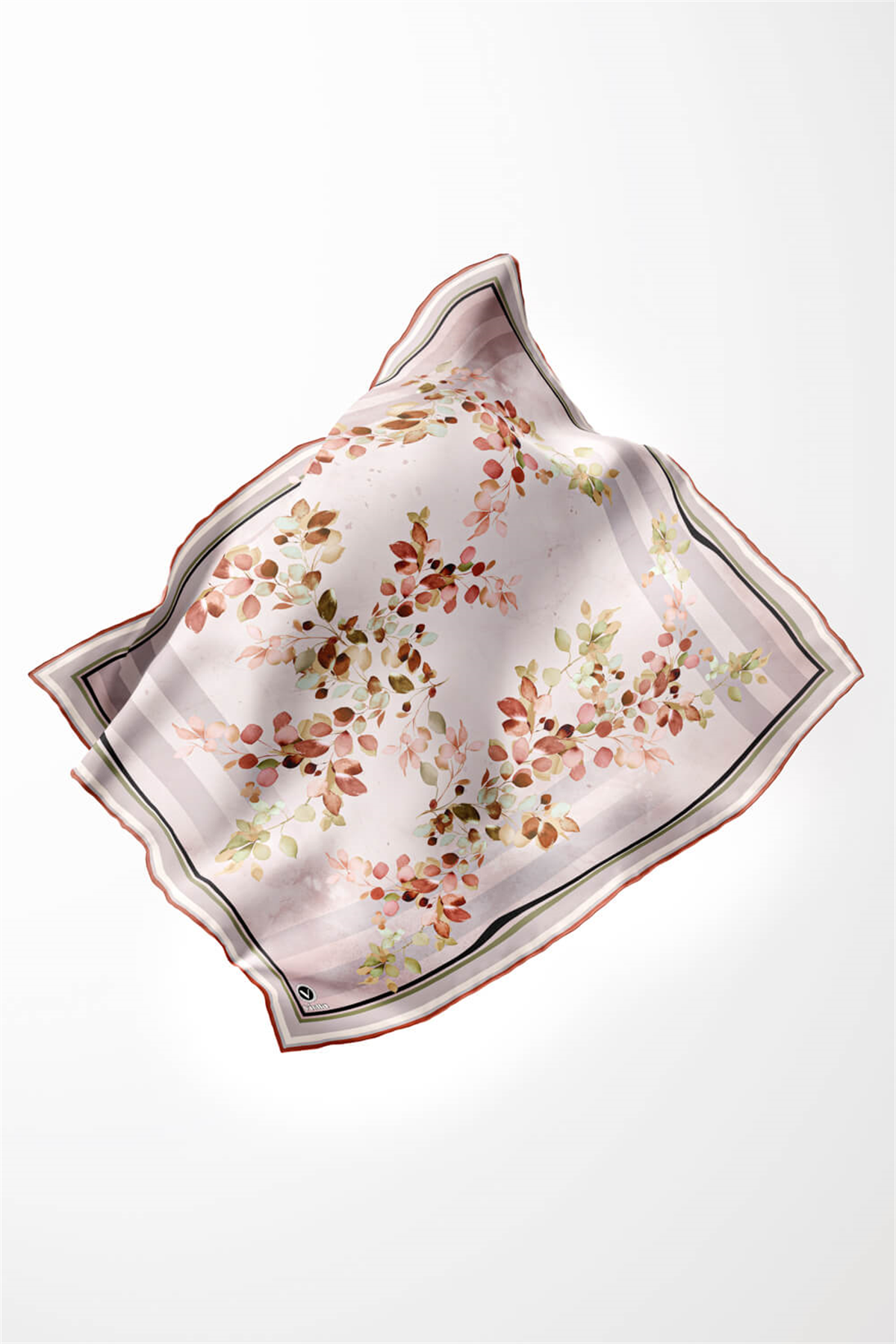 Twill Çiçek Desenli Taba Renkli 90x90 Eşarp (İpek İçermez) Kenar Dikiş Şekli El Dikişli