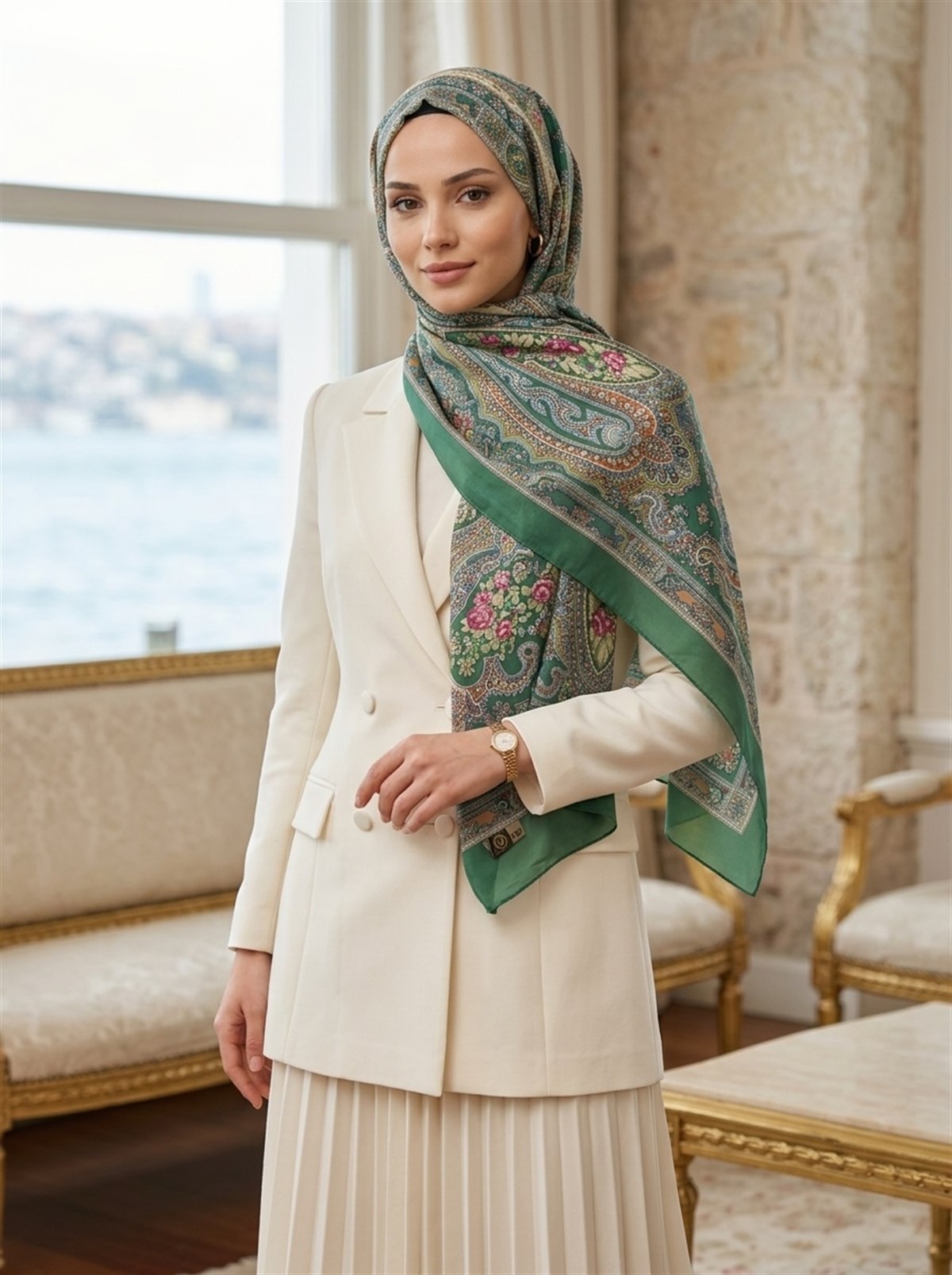 %100 İpek Etro Desenli Petrol Yeşili Renkli 92x210 Şal