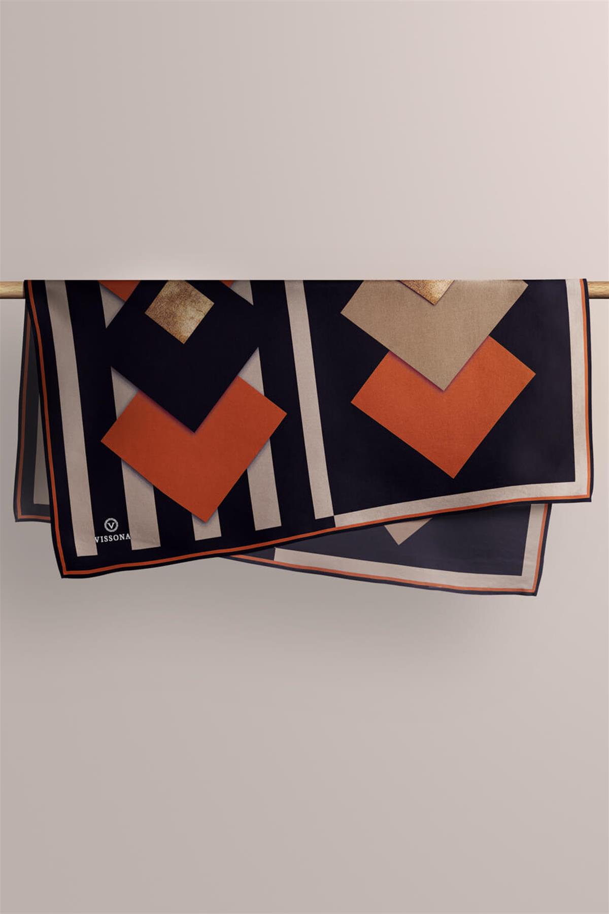 %100 Twill İpek Karo Desenli Bej - Taba Renkli 90x90 Eşarp Dikim Şekli : El Dikişi