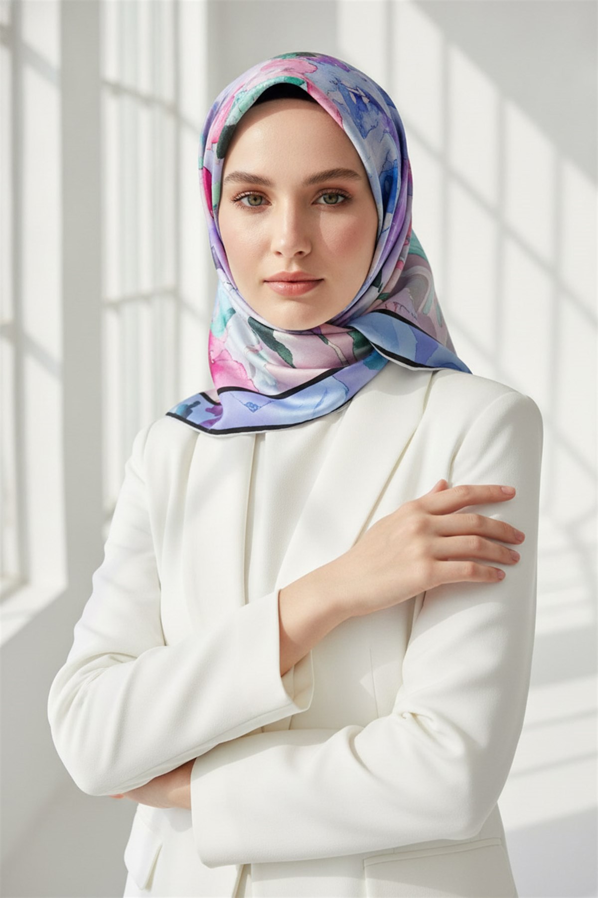 % 57 İPEK % 43 VİSKON Twill İpek Sulu Boyalı Çiçek Desenli Bebe Mavisi - Pembe Renkli 90x90 Eşarp Dikim Şekli : El Dikişi