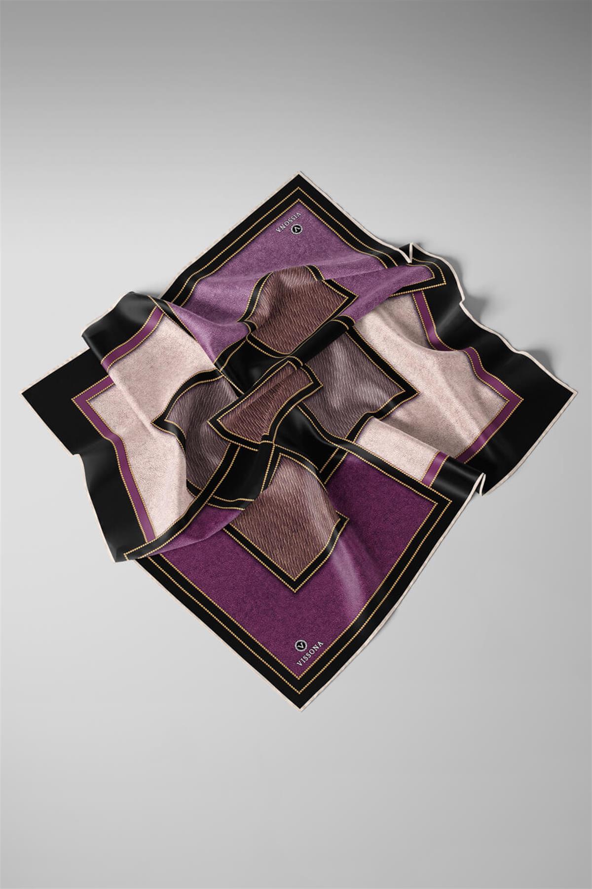 100% Twill İpek Gold Detaylı Kare Desenli Siyah - Mürdüm Renkli 90x90 Dikim Şekli : El Dikişi