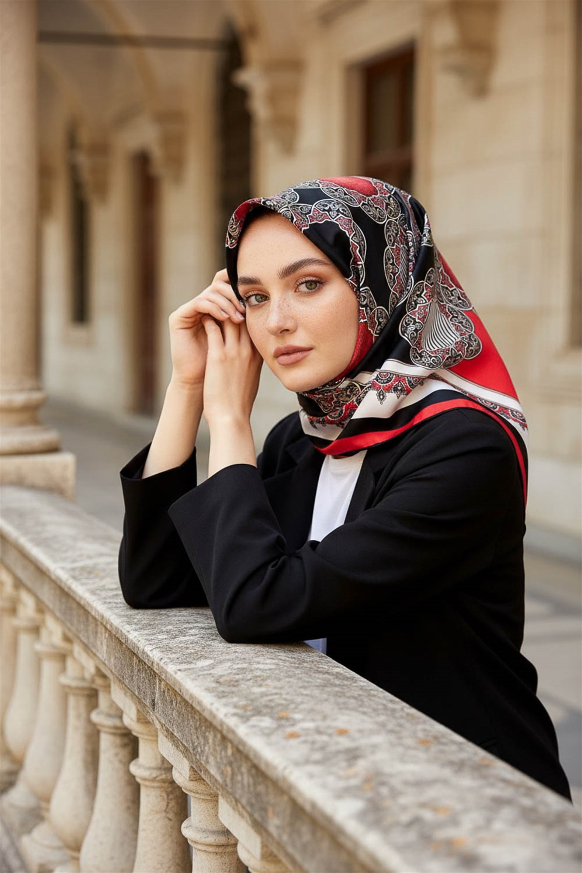 %100 Twill Türk Motifi  Desenli Siyah - Kırmızı Renkli 90x90 Eşarp Dikim Şekli: El Dikişi