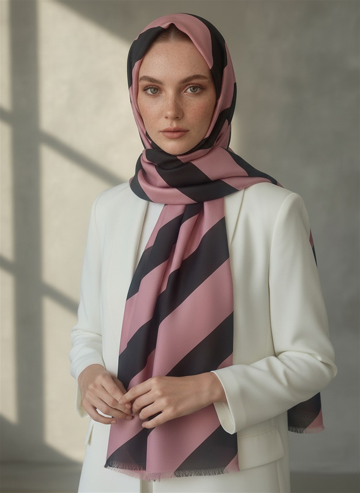 %100 Saf İpek Şal İnce Saten Vual Dokuma Çizgili Desenli Pudra - Siyah Renkli 90x210 Şal