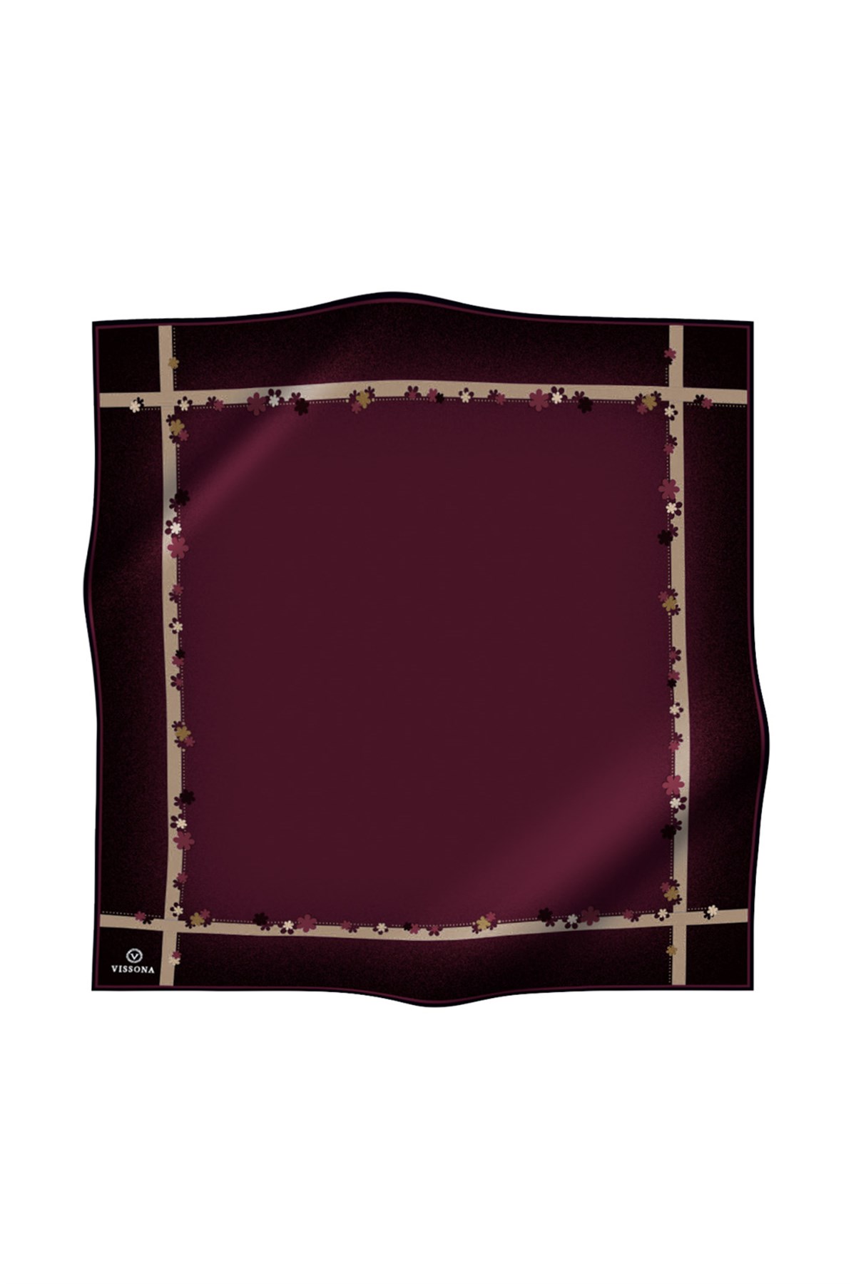%100 Twill İpek Kenar Motifi Çiçek Desenli Şarabi - Bej Renkli 90x90 Eşarp Dikim Şekli : El Dikişi