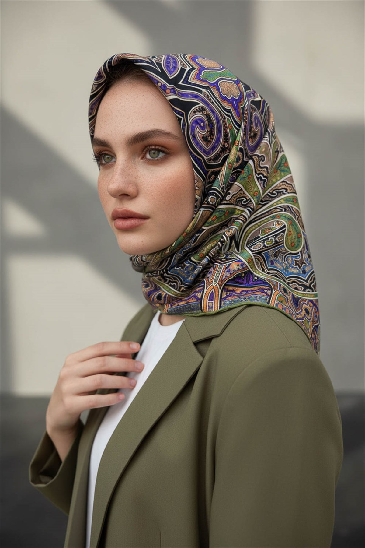 100% Twill İpek Etnik Desenli Haki Renkli 90x90 Dikim Şekli : El Dikişi Eşarp